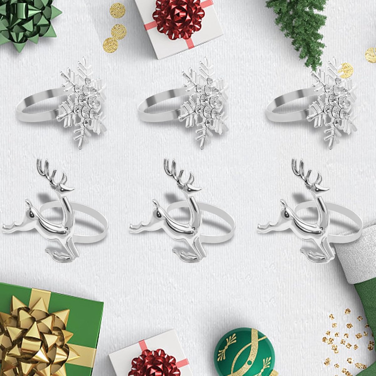 Napkin Rings for Christmas - 12 Pieces - Moose & Snowflakes - Silver Napkin Ring - Napkin Rings Table Decoration - Napkin Rings for Christmas, Thanksgiving, Wedding - Image 4