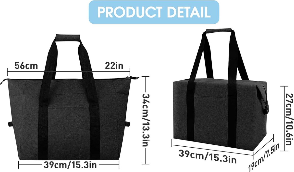 Cooler Bags - Lunch Bag - Foldable Cooler Bag - 20 L - 30x27x19 Cm - Insulation - 300D Oxford Cloth - Handle Strap - Cooler Bag - Lunch Bag - Insulated Cooler Bag - Picnic Bag - Cooler Lunch Bag - Handbag - Shopping Bag - Black - Sustainable - Image 2