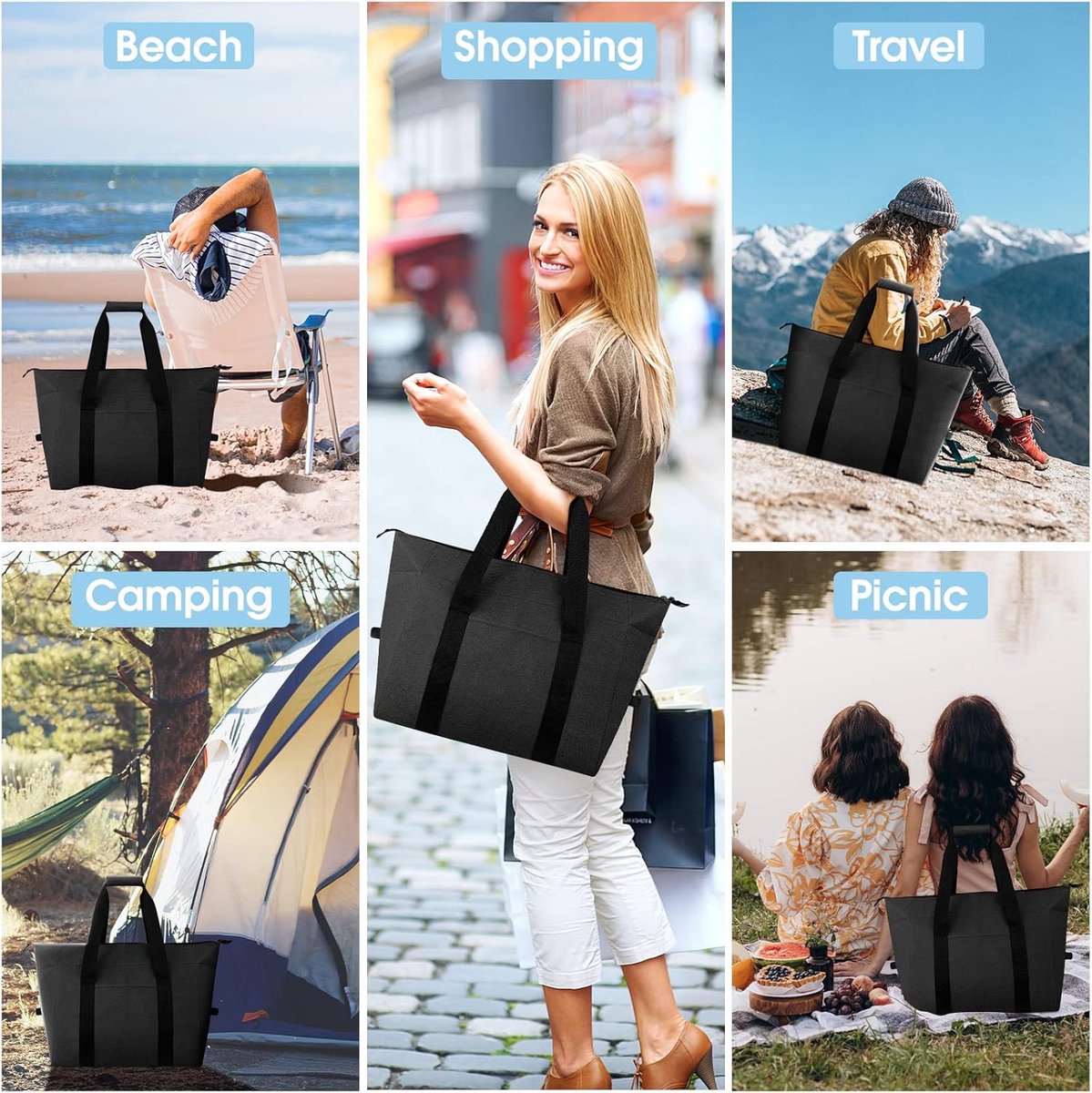 Cooler Bags - Lunch Bag - Foldable Cooler Bag - 20 L - 30x27x19 Cm - Insulation - 300D Oxford Cloth - Handle Strap - Cooler Bag - Lunch Bag - Insulated Cooler Bag - Picnic Bag - Cooler Lunch Bag - Handbag - Shopping Bag - Black - Sustainable - Image 4