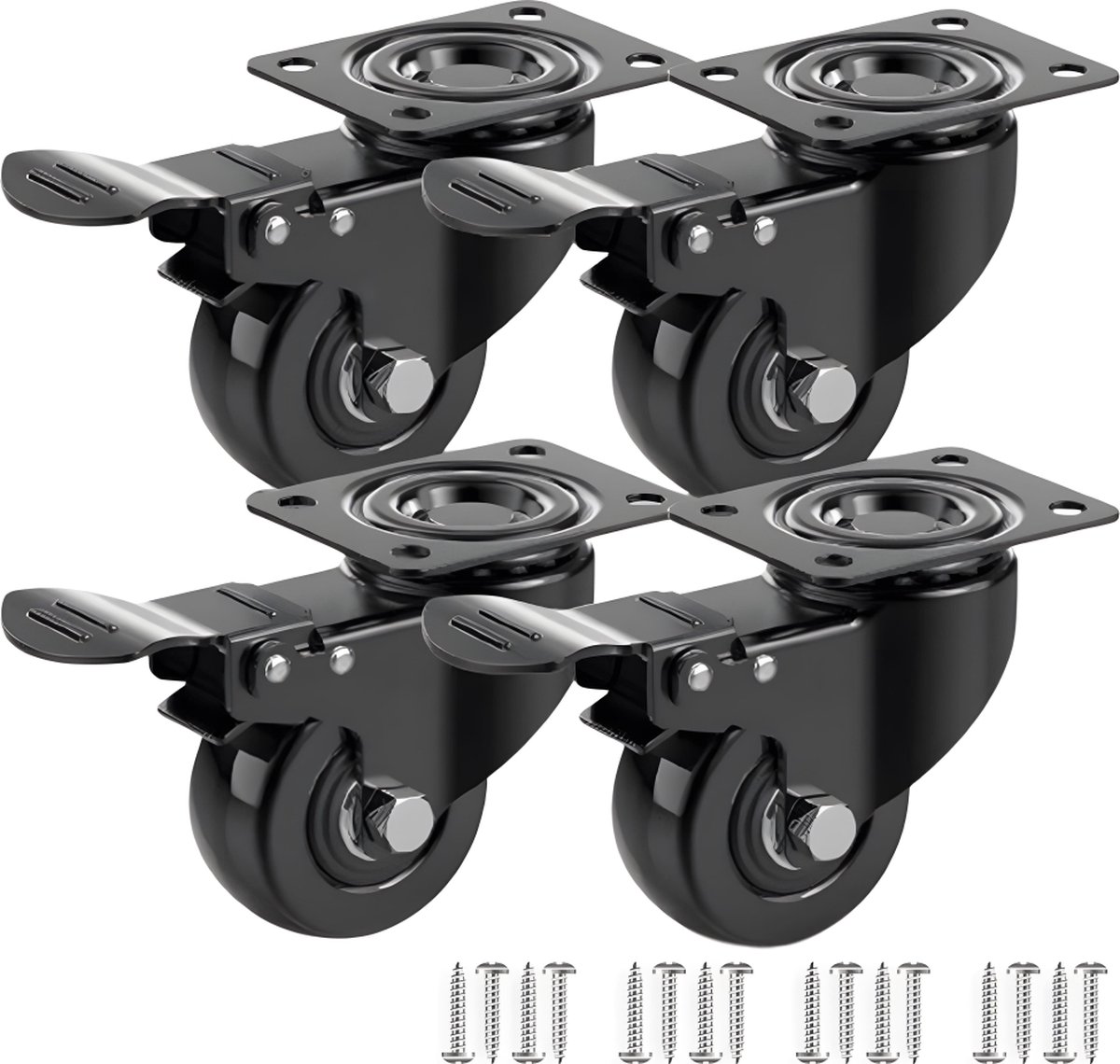 Heavy-Duty Swivel Casters with Brakes - Set of 4 - 50 mm up to 200 kg - With Screws - Swivel Casters - Rubber Trolley Wheels - Cart Wheels - Transport Cart - Casters for Furniture - Flexible - Durable - Black - Image 1