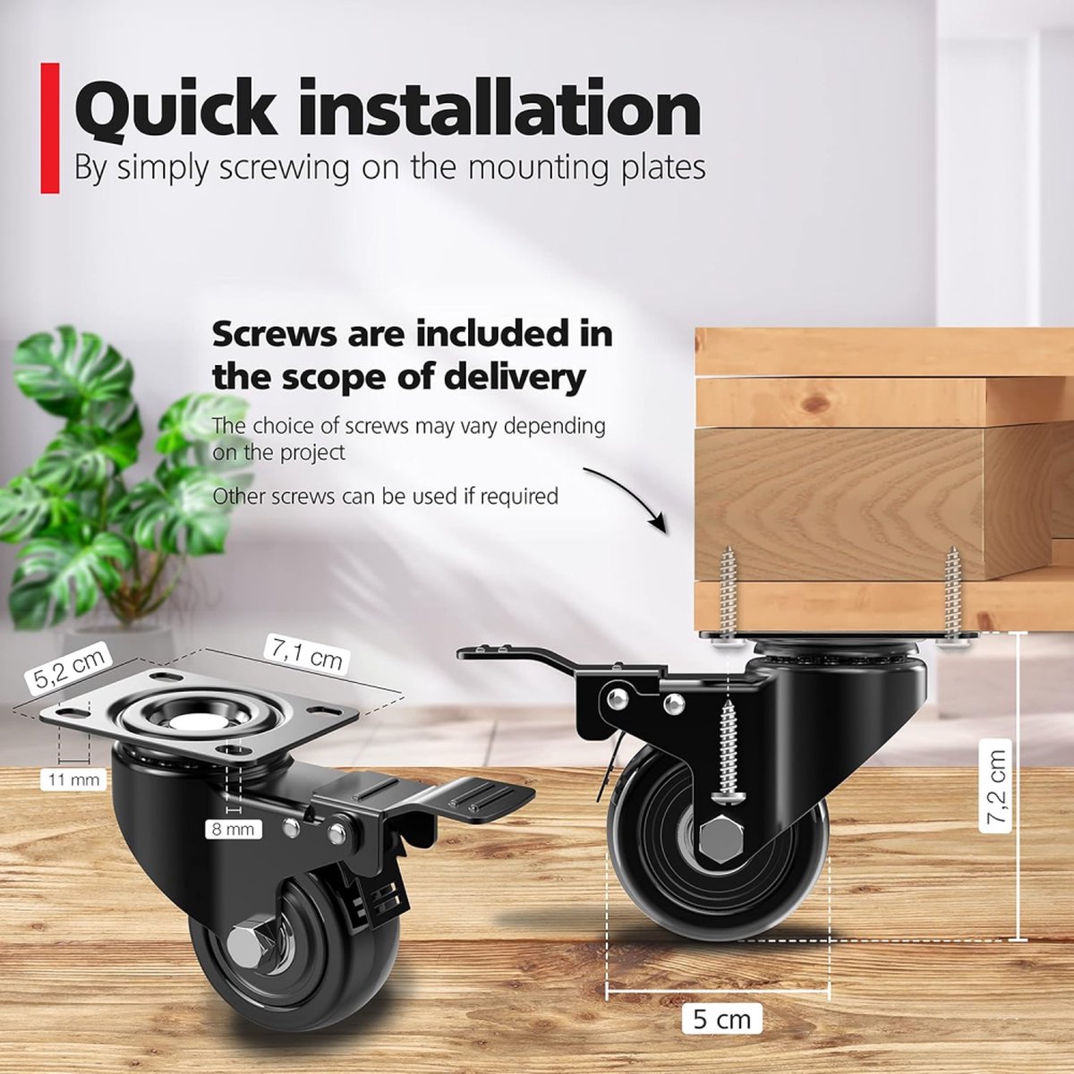 Heavy-Duty Swivel Casters with Brakes - Set of 4 - 50 mm up to 200 kg - With Screws - Swivel Casters - Rubber Trolley Wheels - Cart Wheels - Transport Cart - Casters for Furniture - Flexible - Durable - Black - Image 4