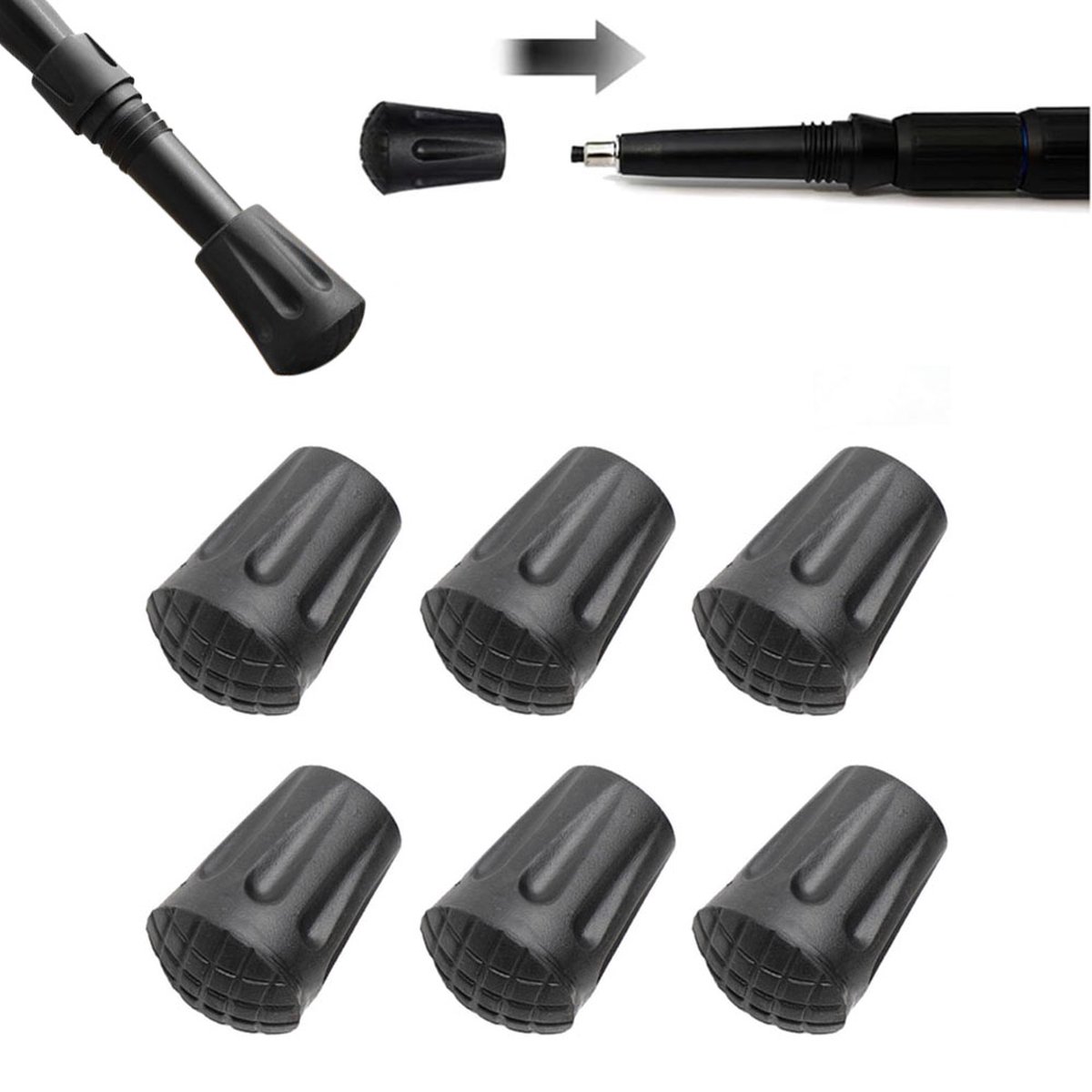Nordic Walking Tips - 6 Pieces - Walking Stick Tips - Crutch Tips - Nordic Walking Pads - Nordic Walking Cane Tips - Round Nordic Footings - Trekking Pole Tips - Replacement Tips - End Stop - Walking Stick Base - Easy to Install - Black - Image 1
