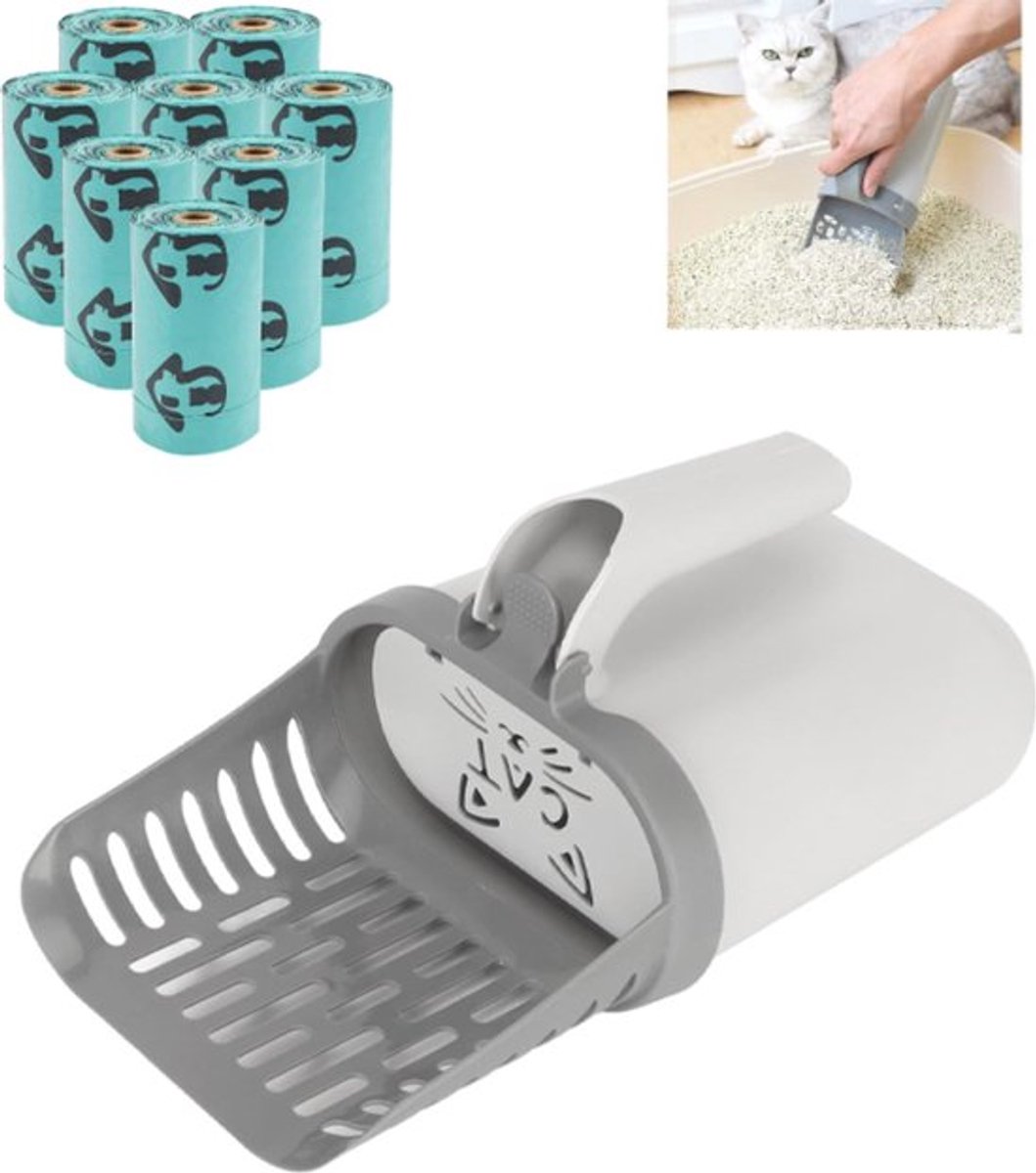 Cat Litter Scoop with Collection Tray - Cleaning Cat Litter - Ergonomic - With 8 Rolls of Waste Bags - Holder and Disposal System for Cat Litter in 1 - Litter Scoop with Container - Dirt-Free Cat Litter Scoop - Grey - Image 1