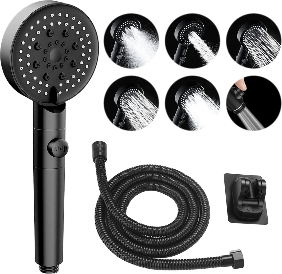 Shower Head - Shower Set - 6 Spray Modes - Water Saving - High Pressure - With 1.5m Explosion-Proof Hose and Self-Adhesive Holder - Rain Shower - Wellness - Hand Shower - Black - Bathroom Accessories - For Better Skin and Hair - High Quality - Durable - Image 1