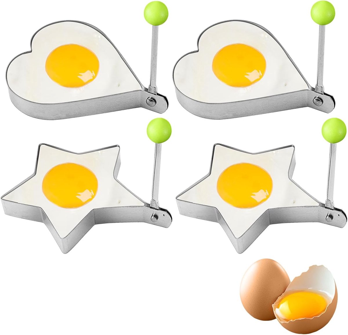 Egg ring - 4-piece - Heart-shaped egg ring - Practical egg rings - Cooking ring - Pancake maker - heart star flower and round egg cooker ring - Baking accessory - kitchen tool - for frying eggs - Stainless steel - Image 1