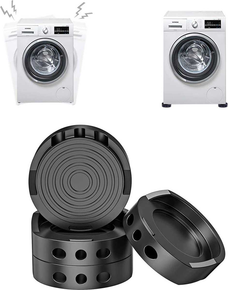 Vibration Dampers Washing Machine / Dryer - Set of 4 Pieces - Extra Thick - Stackable - Washing Machine Dampers - Washing Machine Riser - Dryer Feet - Suitable for Washing Machine and Dryer - Non-Slip Rubber - Black - Image 1