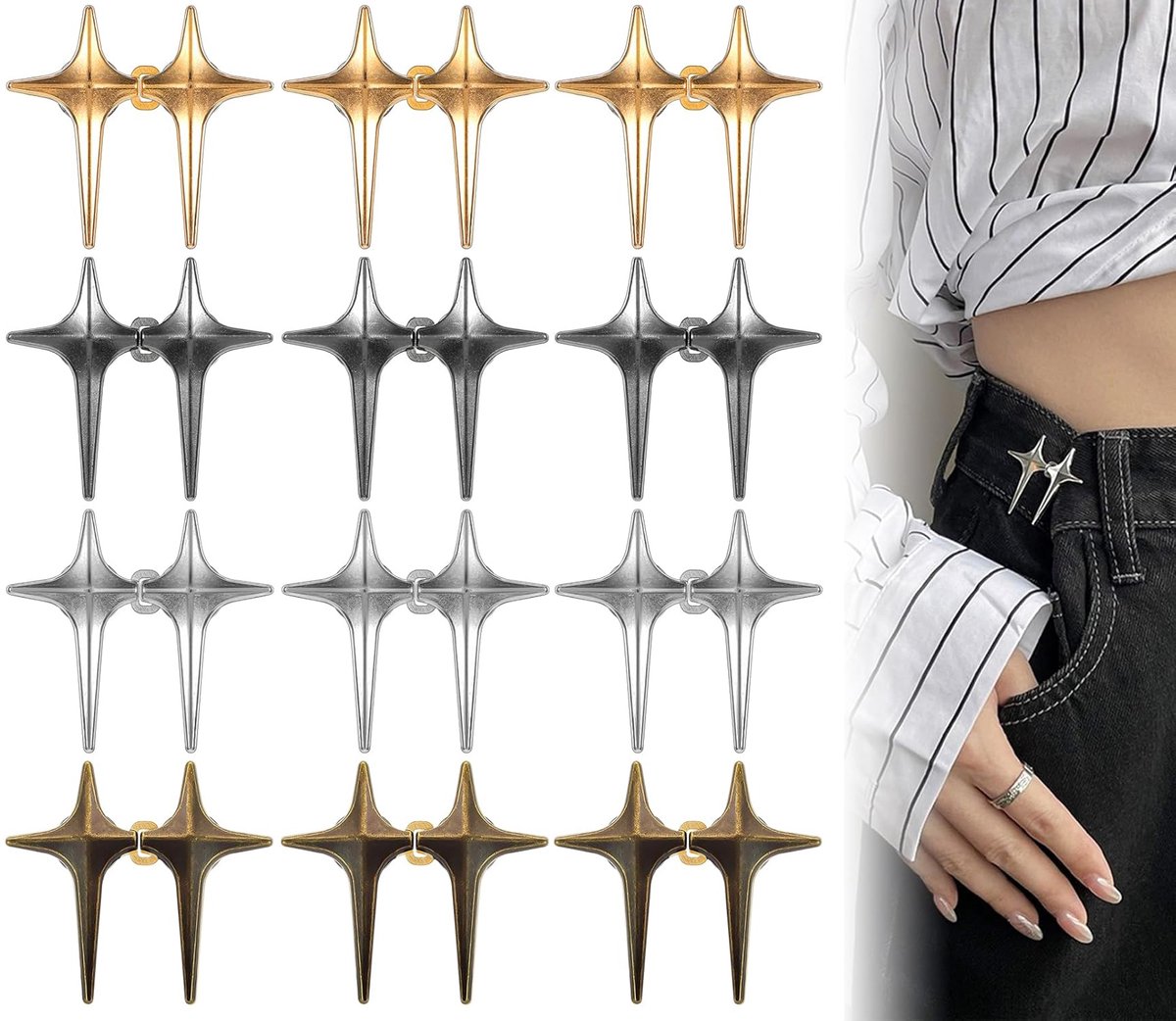 12 Pieces - Waist Extender - Tightening Button Adjuster Buttons - Star Trouser Waist Buckle - Adjustable Waistband Clips - Trouser Waist Reinforcement - Star-Shaped Jeans Shortening Buttons - Adjustable Button Trousers - Universal - Image 1