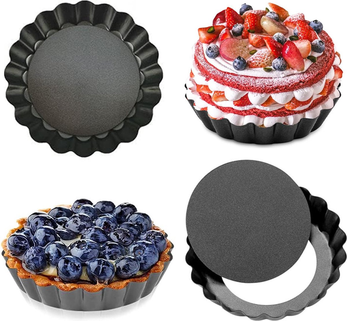 Quiche Pans - Set of 4 - Diameter 10 cm - Quiche Pan with Removable Base - Quiche Baking Pan - Tart Pan with Non-stick Coating - Removable Base - Bake Evenly - Cake Pan - Baking Pan - Baking Tin - Quiche Tart Pan Tin - Dishwasher Safe - Black - Image 1