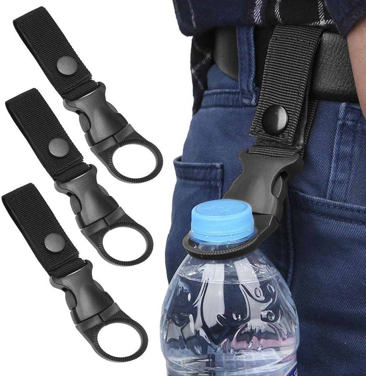 Bottle Hanger - 3 Pieces - 27mm - Universal Bottle Holder - Water Bottle Holder – Belt Holder - Waist Bottle Holder - Hip Bottle Holder - Bottle Holder Belt - Drinking Bottle Holder - Black - Image 1