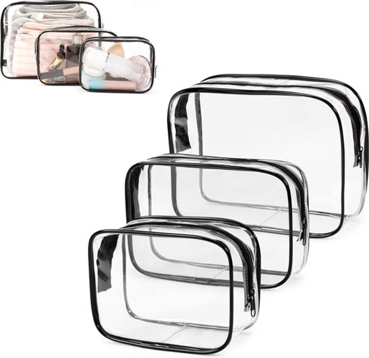 Transparent Travel Toiletry Bag Set - 3 Pieces - Toiletries Travel Bag - Makeup Bag - Makeup Pouches - Travel Organizers - Beauty Case - Travel Organizer - Transparent Packing Cubes Suitcase Organizer - Cosmetics Bag - Waterproof - Black/Transparent - Image 1