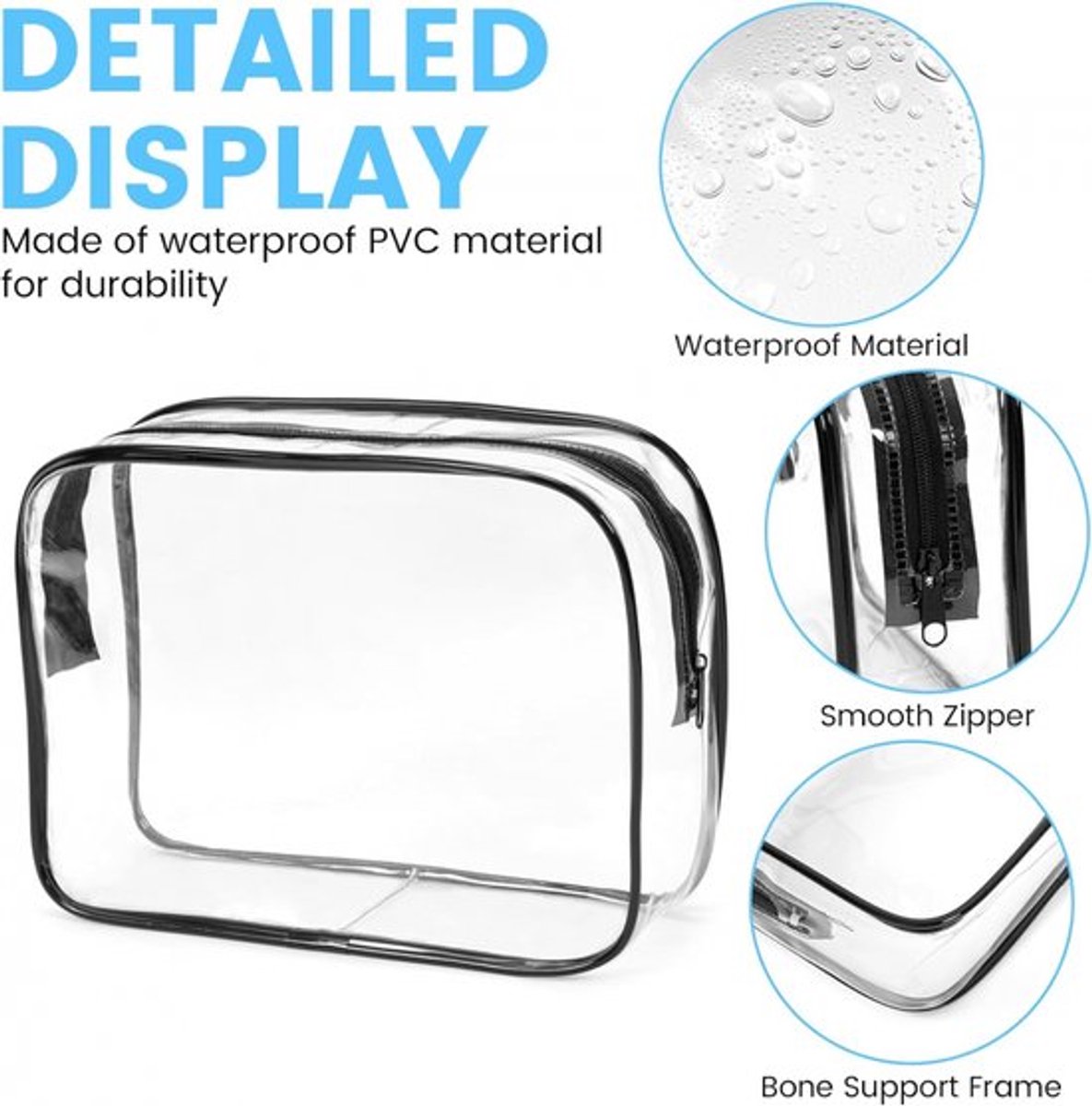 Transparent Travel Toiletry Bag Set - 3 Pieces - Toiletries Travel Bag - Makeup Bag - Makeup Pouches - Travel Organizers - Beauty Case - Travel Organizer - Transparent Packing Cubes Suitcase Organizer - Cosmetics Bag - Waterproof - Black/Transparent - Image 2