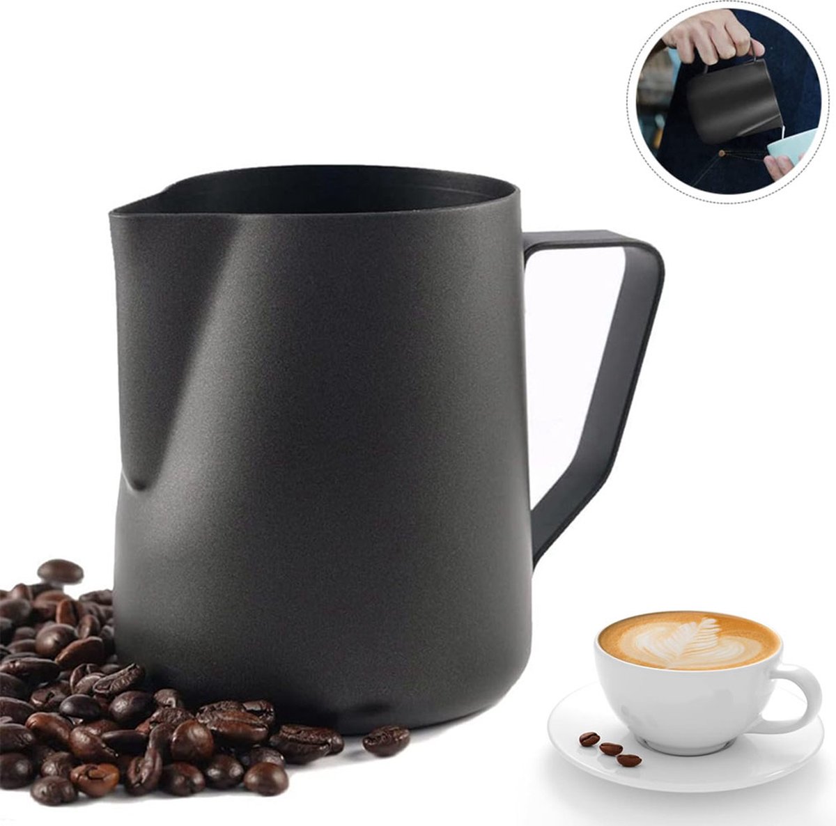 Milk frothing pitcher - Stainless Steel - Small milk jug - Milk pitcher - Milk frothing pitchers - Milk-Coffee frothing pitcher - 350ml - Espresso machine - Barista - Making coffee - Coffee - For making cappuccino-espresso - Black - Image 1