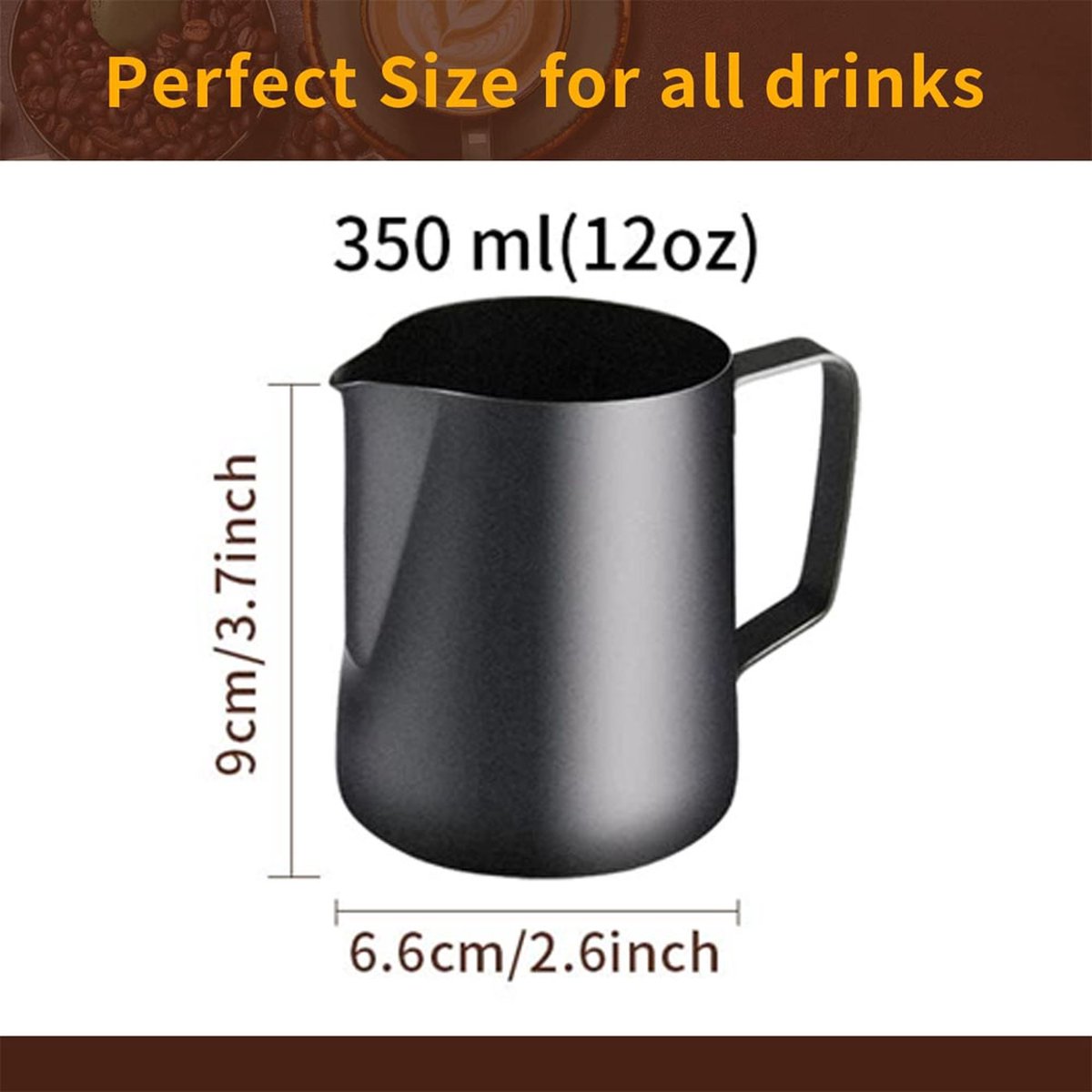 Milk frothing pitcher - Stainless Steel - Small milk jug - Milk pitcher - Milk frothing pitchers - Milk-Coffee frothing pitcher - 350ml - Espresso machine - Barista - Making coffee - Coffee - For making cappuccino-espresso - Black - Image 5