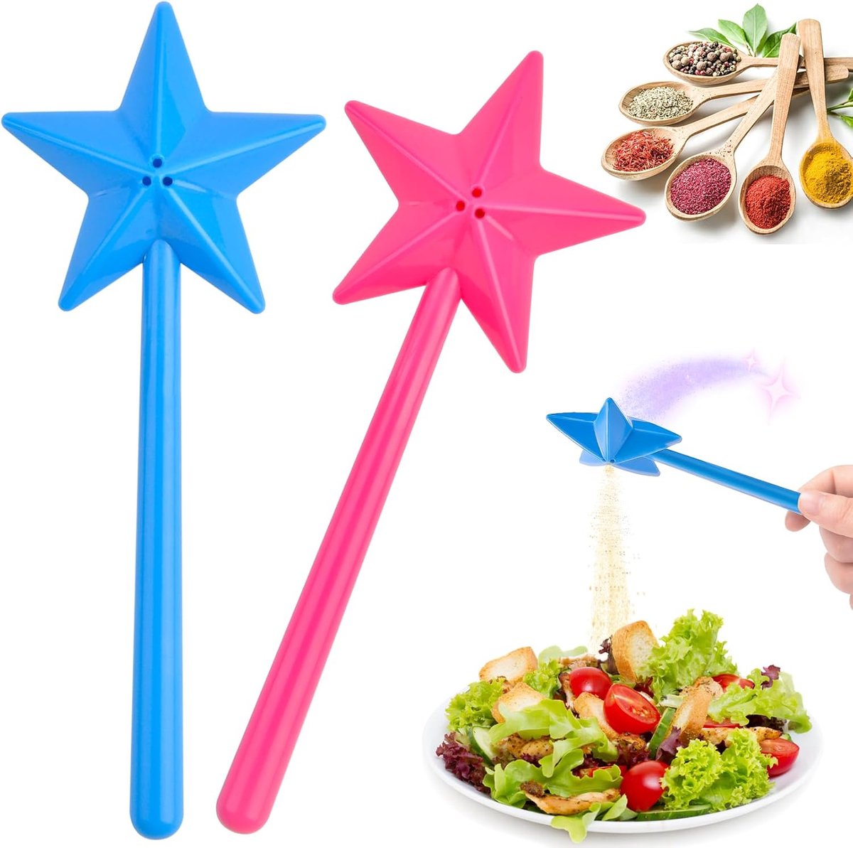 Salt Shakers - 2 Pieces - Salt and Pepper Shaker - Small Spice Shaker - Small Spice Container - Funny Star-Shaped - Herb Sticks - Magic Wand - Table Decoration - With Holes - For Restaurant Kitchen Gadgets - Plastic - Blue and Pink - Image 1