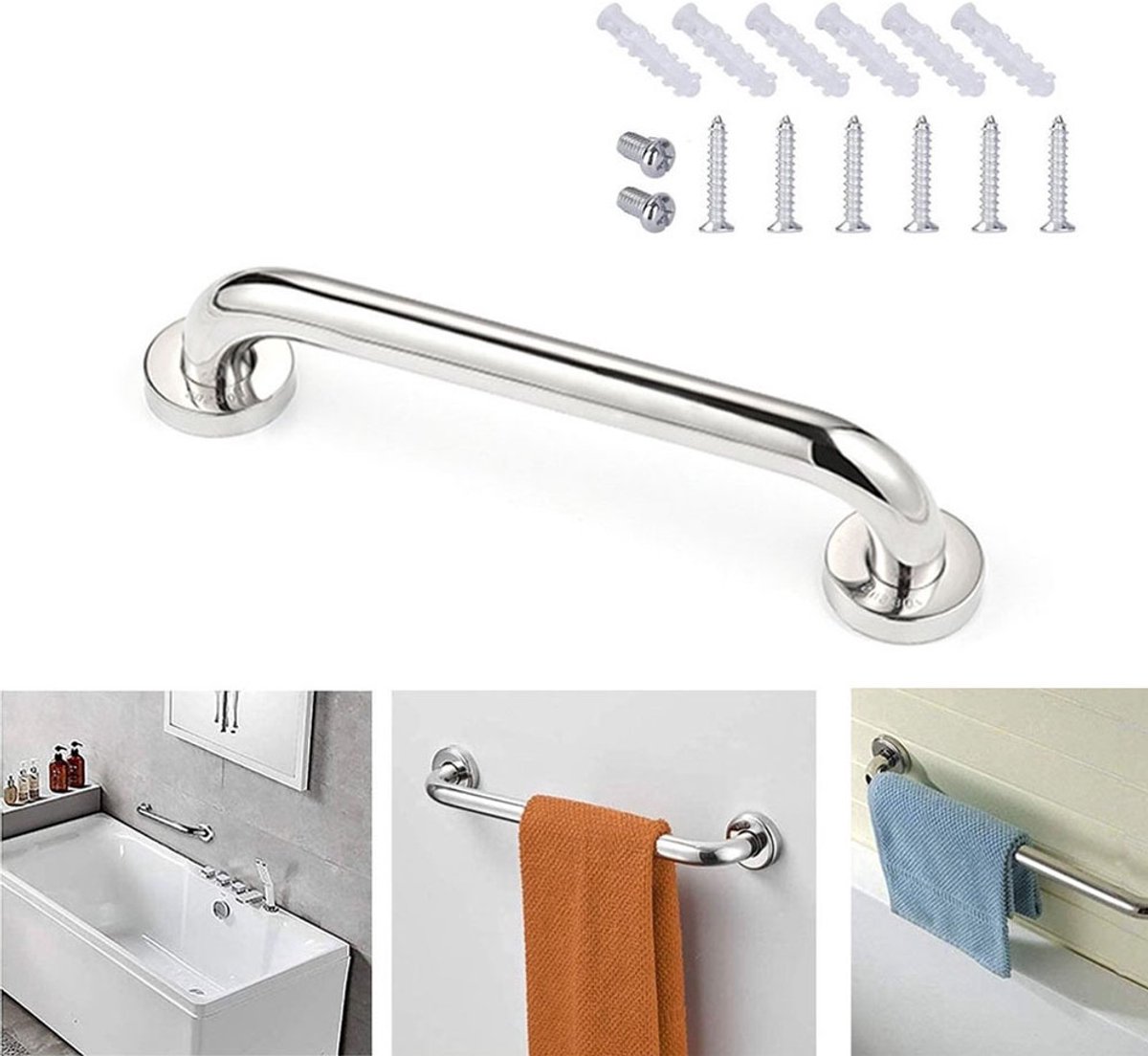 Wall Grab Bar - Extra Grip - 30cm - Handle / Wall Grip for Bathroom / Shower / Toilet - Toilet Grab Bar - Bath Grab Bar - Shower Grab Bar - Non-Slip Grab Bar - Kitchen - Stairs - Kitchen Cabinet Handle - Safety Grip - Screws Included - Image 1