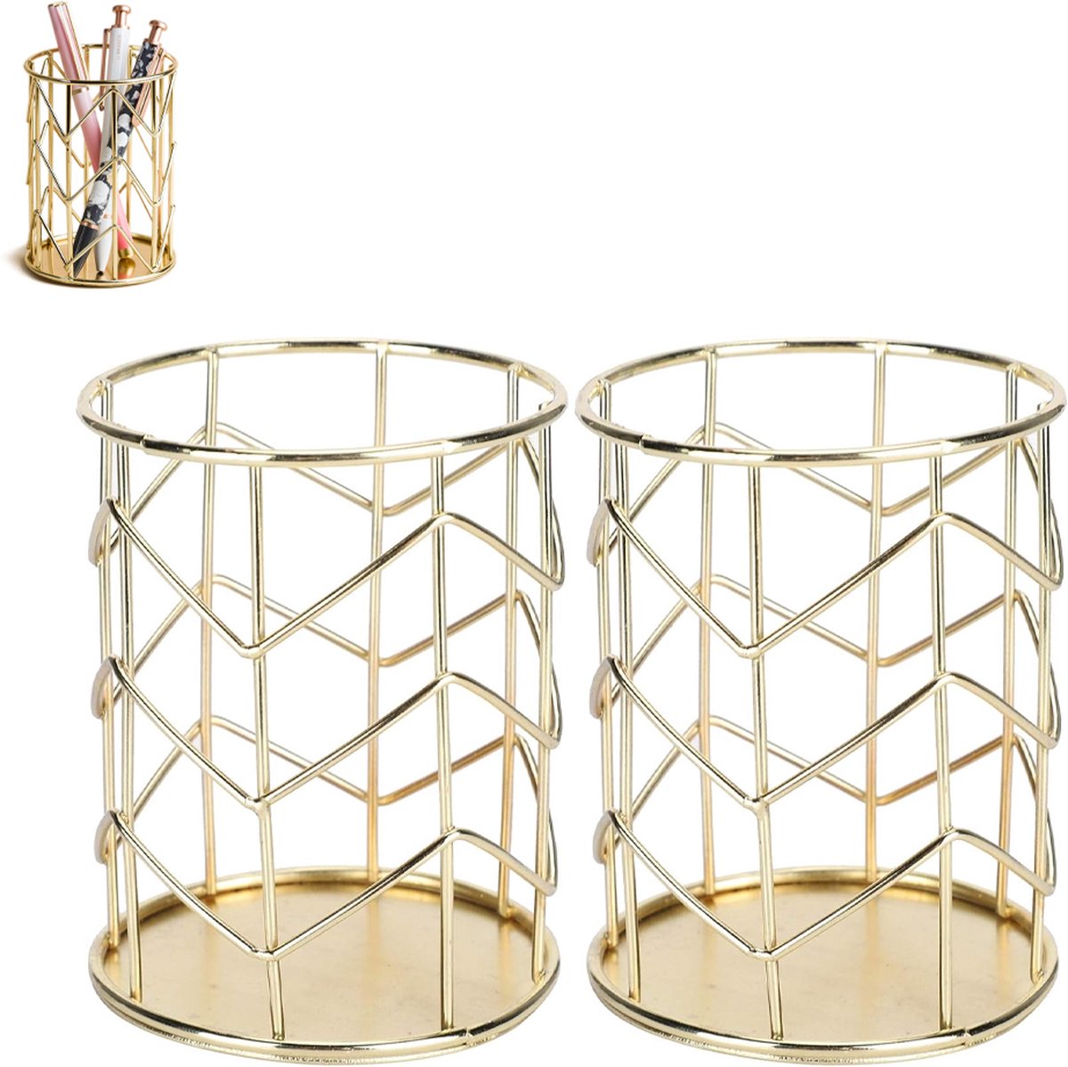 Pen Tray - Pen Holder - Pen Tray - Desk Organizer - Desk Organizer - Desk - Metal - Round - Gold - 2 Pieces - Image 1