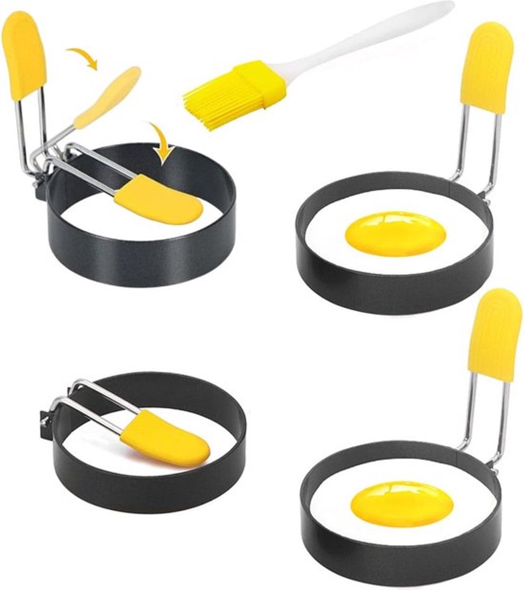 Egg Baking Mold - 4 Pieces - Stainless Steel - Egg Pancake - Fried Egg Mold - Egg Ring - Fried Egg Pancake - With Oil Brush - Frying Eggs - Egg Mold - Egg Molds - Small Egg Shapes - Perfect Round Egg - Baking Mold - Round - Black - Image 1