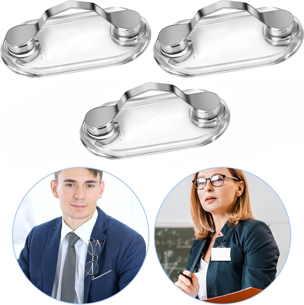 Magnetic Glasses Clip - 3 Pieces - Shirt Clip - Glasses Cord - ID Card Holder - Can Be Attached to Clothing - Metal - Glasses Holder - Glasses Clip - Glasses Clip - Glasses Holder - Clothing - Breast Pocket - Silver - For Glasses Ballpoint Pen Badge And A - Image 1