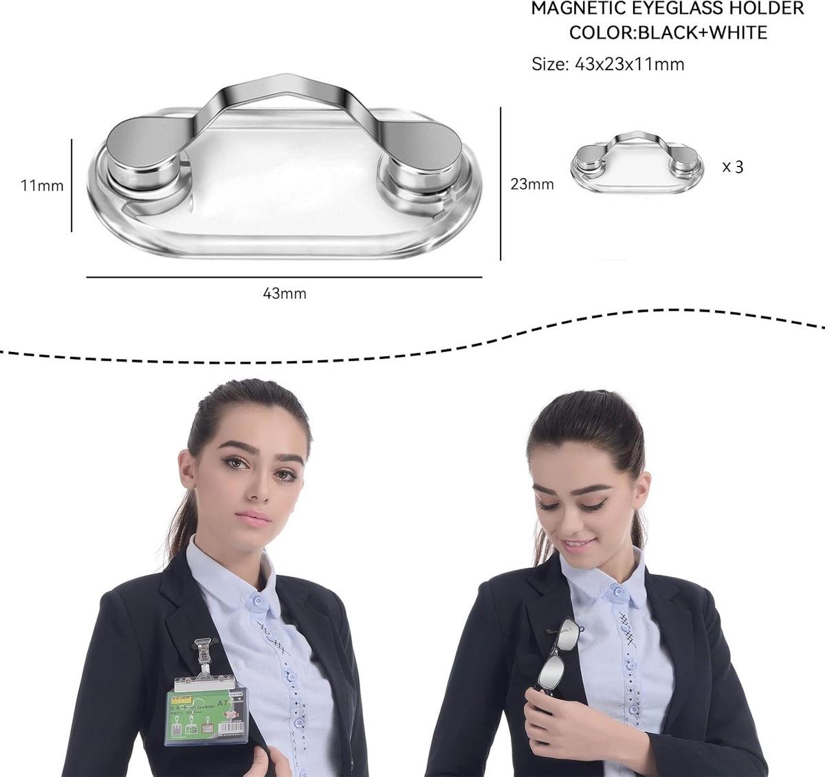Magnetic Glasses Clip - 3 Pieces - Shirt Clip - Glasses Cord - ID Card Holder - Can Be Attached to Clothing - Metal - Glasses Holder - Glasses Clip - Glasses Clip - Glasses Holder - Clothing - Breast Pocket - Silver - For Glasses Ballpoint Pen Badge And A - Image 2