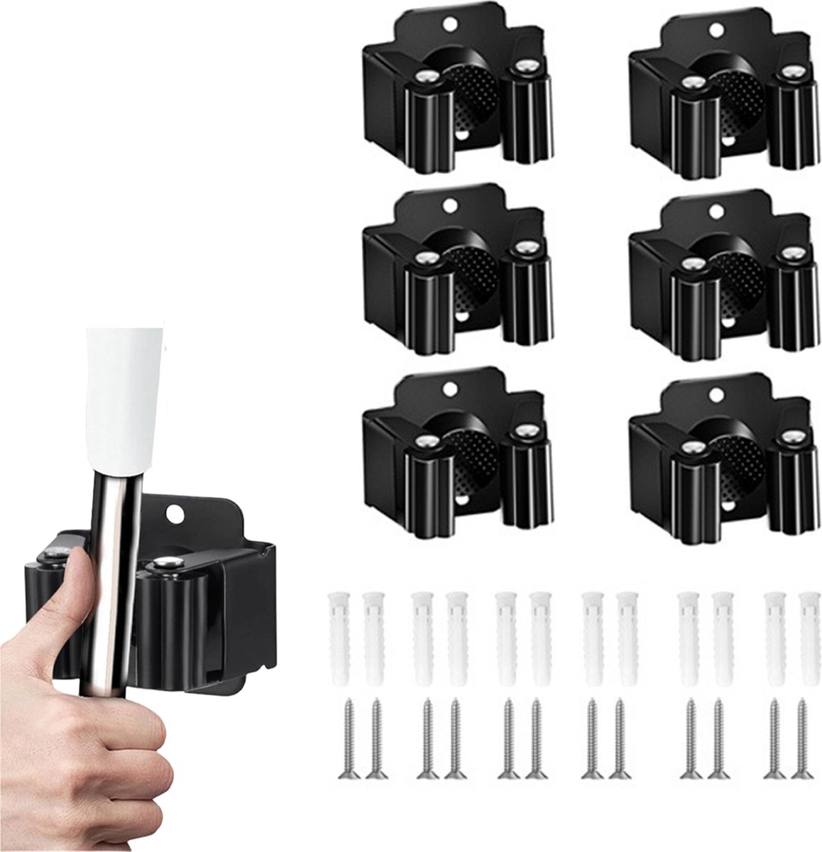 Mop Holder - 6 Pieces - Broom Holder - Broom Holder - Broom Hanging System - Broom Holder - Wall Holder - Hanger Behind Doors - Bathroom Accessories - Kitchen Storage Tool - Tool Holder - Organizer Hook - Garden Tools - Stainless Steel - Black - Image 1