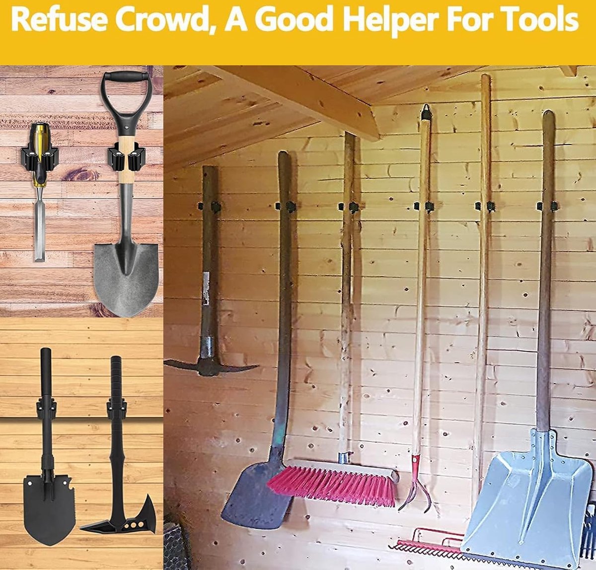 Mop Holder - 6 Pieces - Broom Holder - Broom Holder - Broom Hanging System - Broom Holder - Wall Holder - Hanger Behind Doors - Bathroom Accessories - Kitchen Storage Tool - Tool Holder - Organizer Hook - Garden Tools - Stainless Steel - Black - Image 3