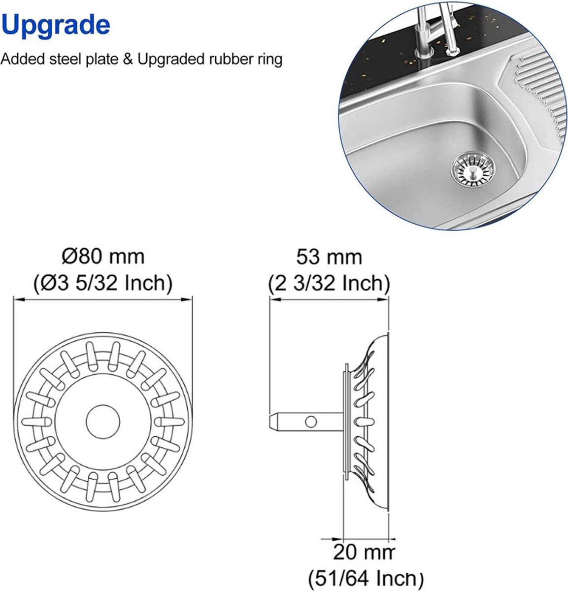 Kitchen Sink Drain Plug 80 mm - 2 Pieces Basket Plug - Sink Strainer Drain Stopper for the Kitchen - Stainless Steel - Universal - Drain Stopper - Sink Strainer - Sink Strainer - Sink Plug - Strainer - Unclog - Washbasin - No Blockage - Image 5