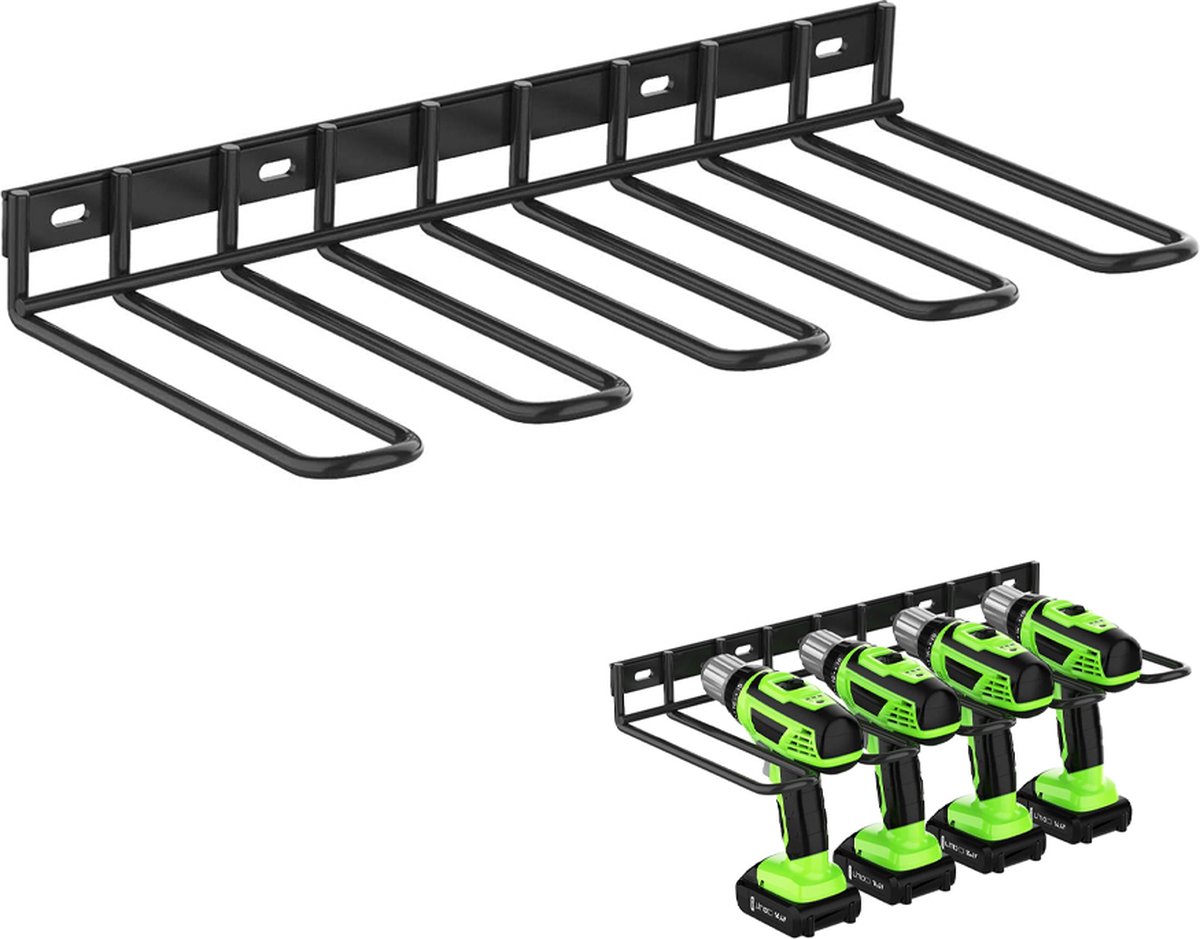 Tool Storage - Storage Rack - Wall Mount - Tool Rack - Tool Holder - 4 Slots - For 4 Power Tools - Tool Storage and Organization - Organizer For Garage, Tool Room - 1 Piece - Metal - Black - Image 1