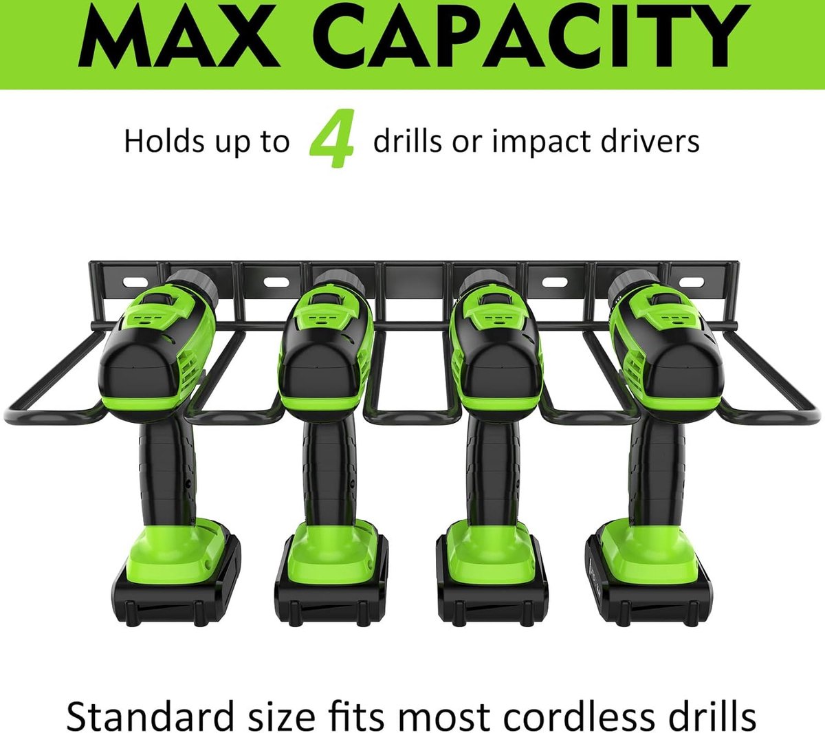 Tool Storage - Storage Rack - Wall Mount - Tool Rack - Tool Holder - 4 Slots - For 4 Power Tools - Tool Storage and Organization - Organizer For Garage, Tool Room - 1 Piece - Metal - Black - Image 4