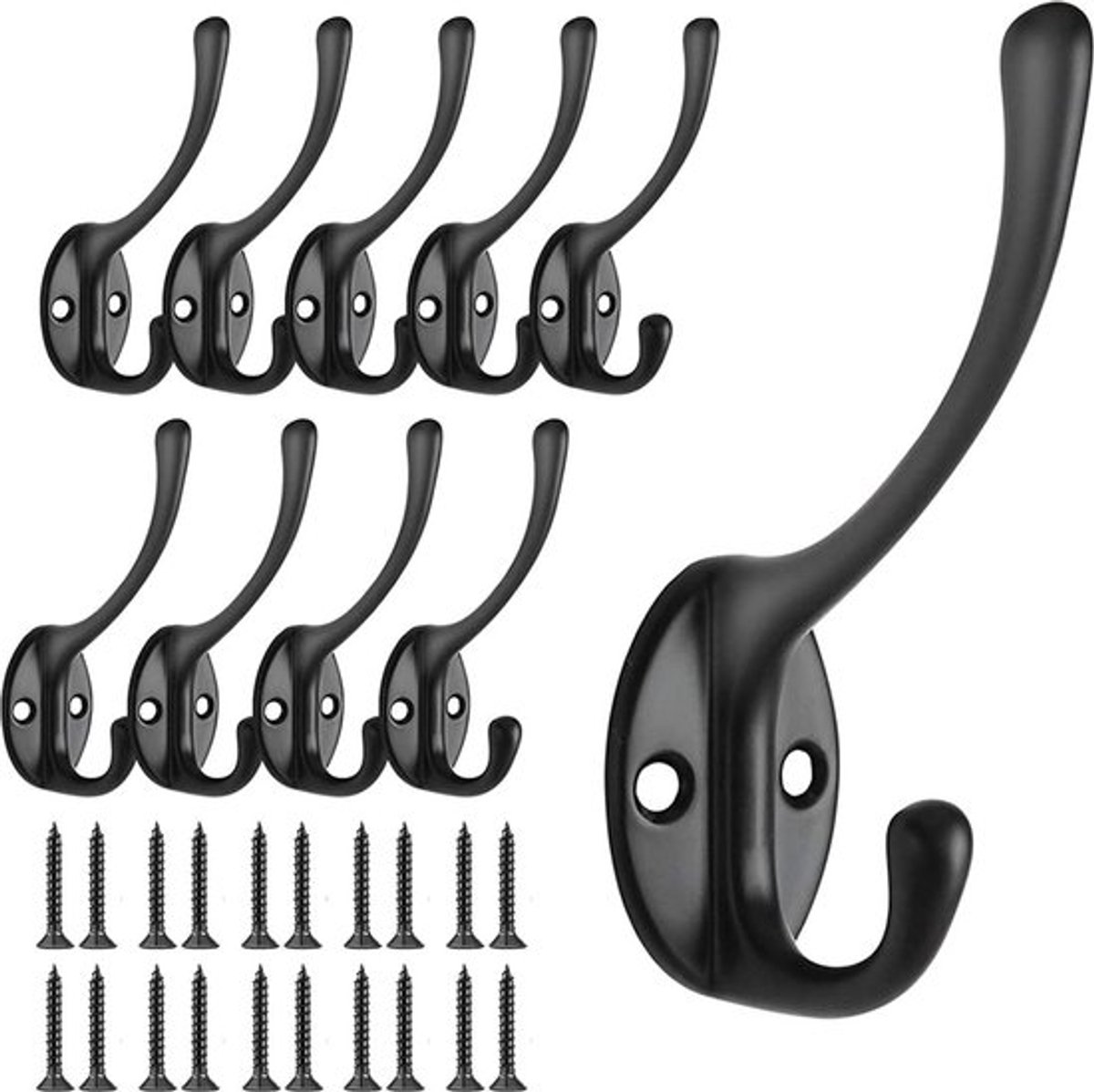 Hooks - Hanging Hooks - Set of 10 - Double Hook Design - Hanging Hooks - Wall Hooks - Coat Hook - Coat Rack Hooks - Key Hook - Wall Hooks - Towel Hook - Towel Hooks - Tea Towel Hanger - Incl. Screws - Bathroom - Black - Image 1