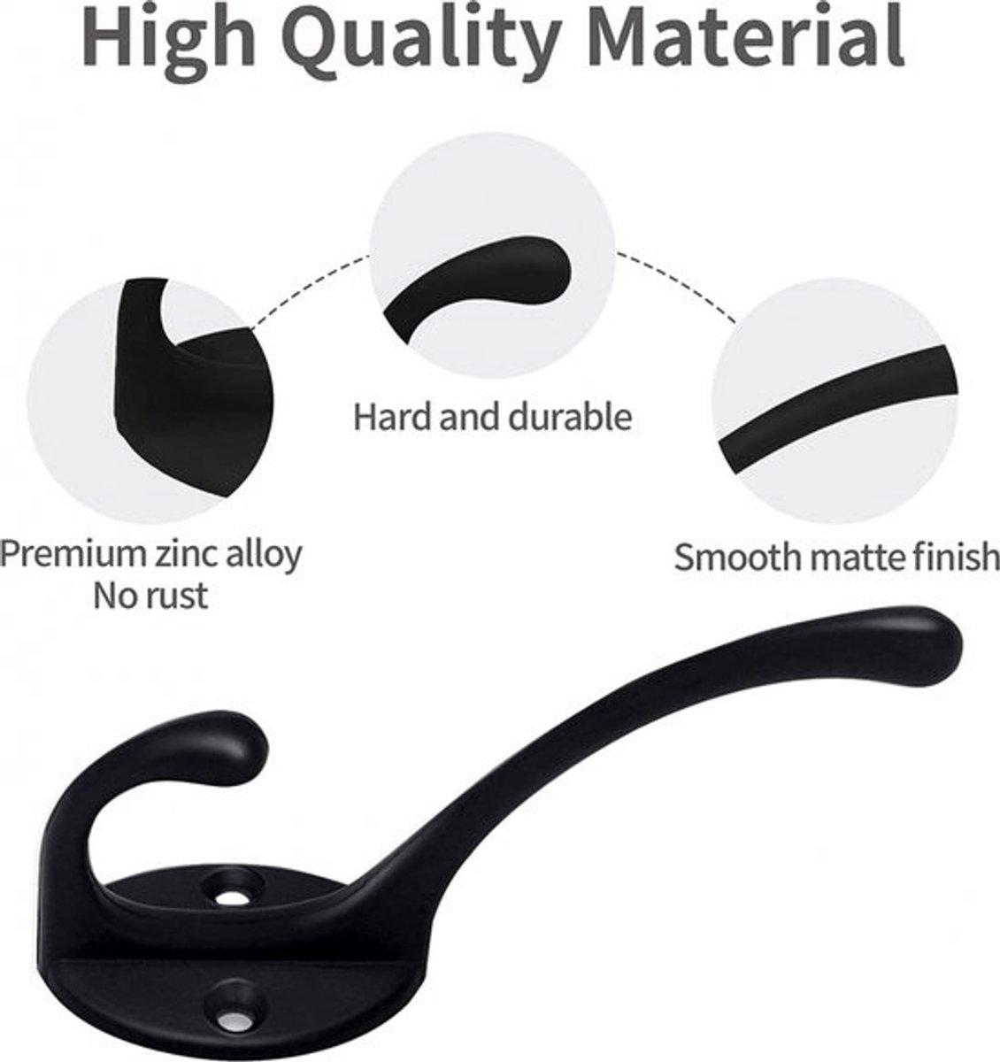 Hooks - Hanging Hooks - Set of 10 - Double Hook Design - Hanging Hooks - Wall Hooks - Coat Hook - Coat Rack Hooks - Key Hook - Wall Hooks - Towel Hook - Towel Hooks - Tea Towel Hanger - Incl. Screws - Bathroom - Black - Image 2