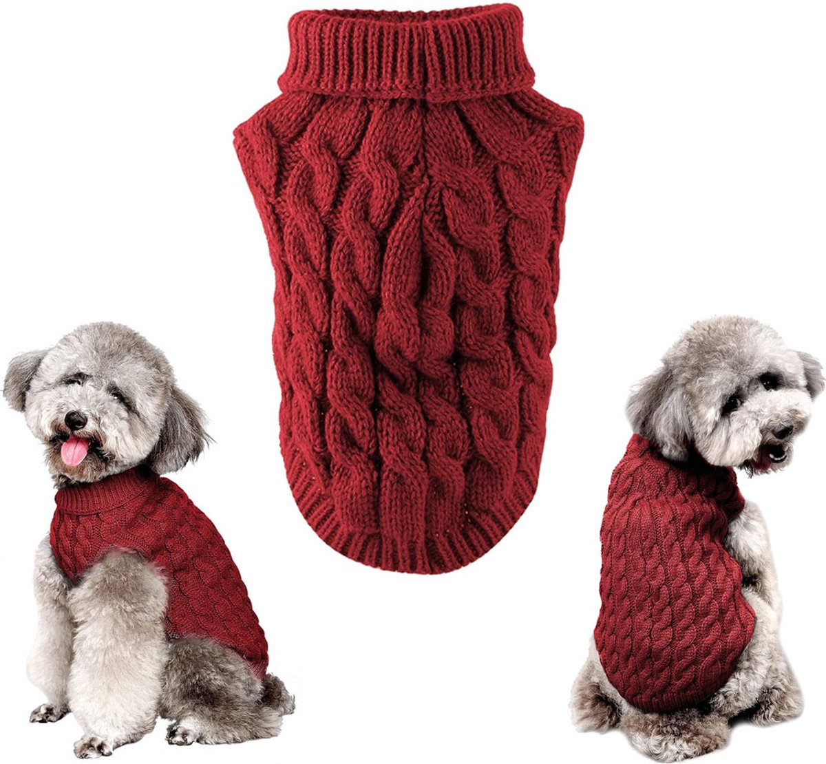 Dog Sweater - Puppy Soft Turtleneck - Size M - Back Length 30cm - Dog Bodywarmer - Dog Coat - Winter Dog Cardigan - For Small to Medium Dogs and Cats - Knitted Clothing - Winter Dog Clothing - Sweater - Christmas Gifts for Pets - Red - Image 1