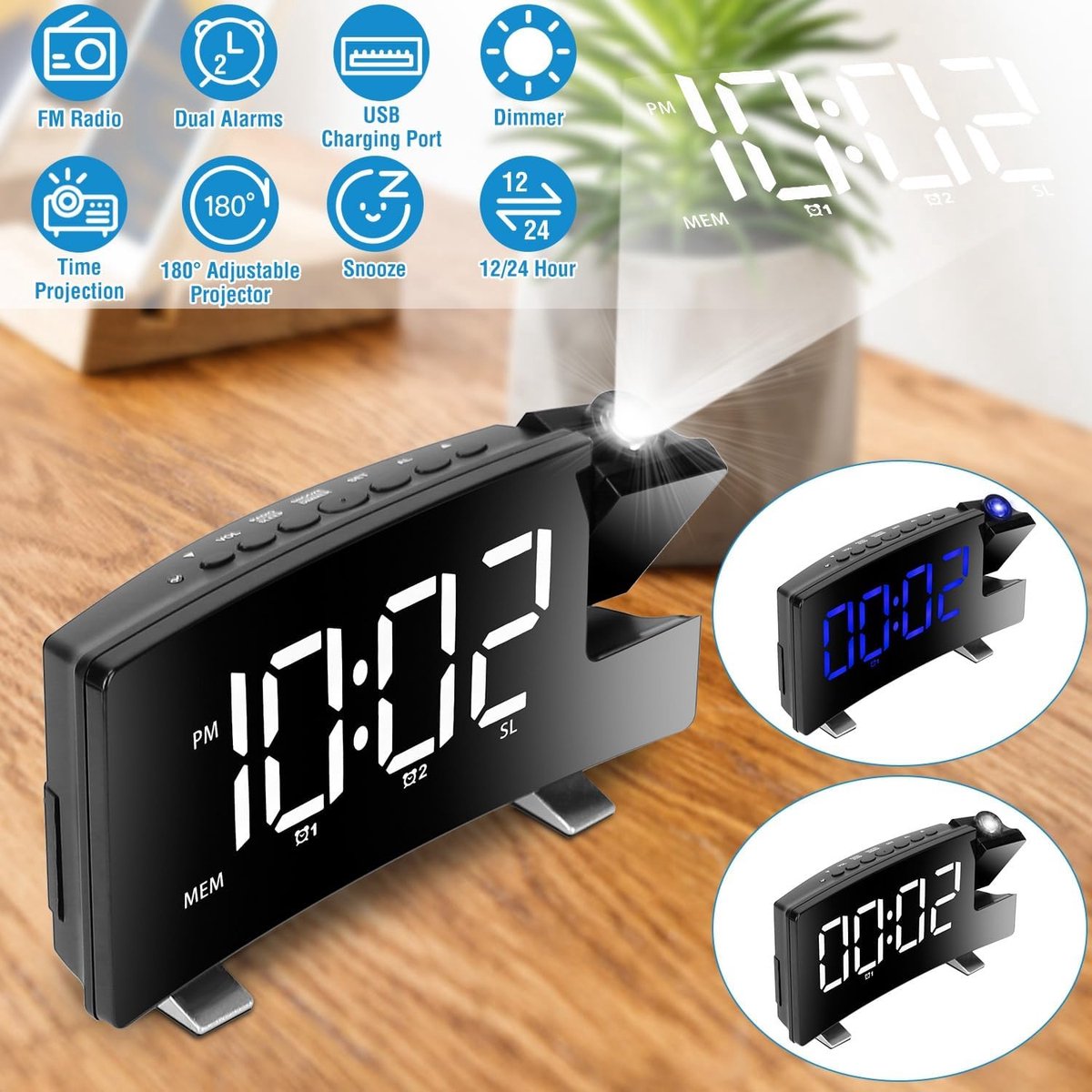 Alarm clock - radio - clock - Projection alarm clock - Digital alarm clock - Projection clock - Alarm clock radio - Clock radio - digital clock - projection clock - Multifunctional - LED - Adjustable brightness - Loud enough - for bedroom / living room / - Image 4