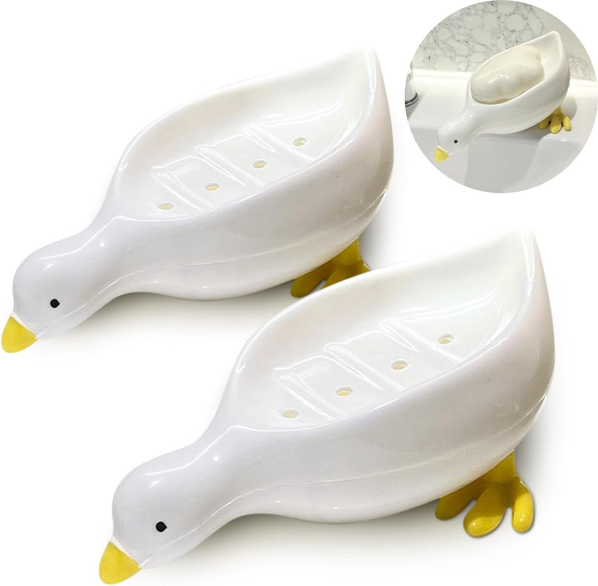 Soap Dish - 2 Pieces - Soap Holder - Soap Box - Small Soap Dish - Self-Draining Soap Holder - Duck Design - Soap Dish - Gift - For Shower, Bathroom, Bathtub, Kitchen Sink - Home Decor - Bathroom Accessories - Plastic - White - Image 1