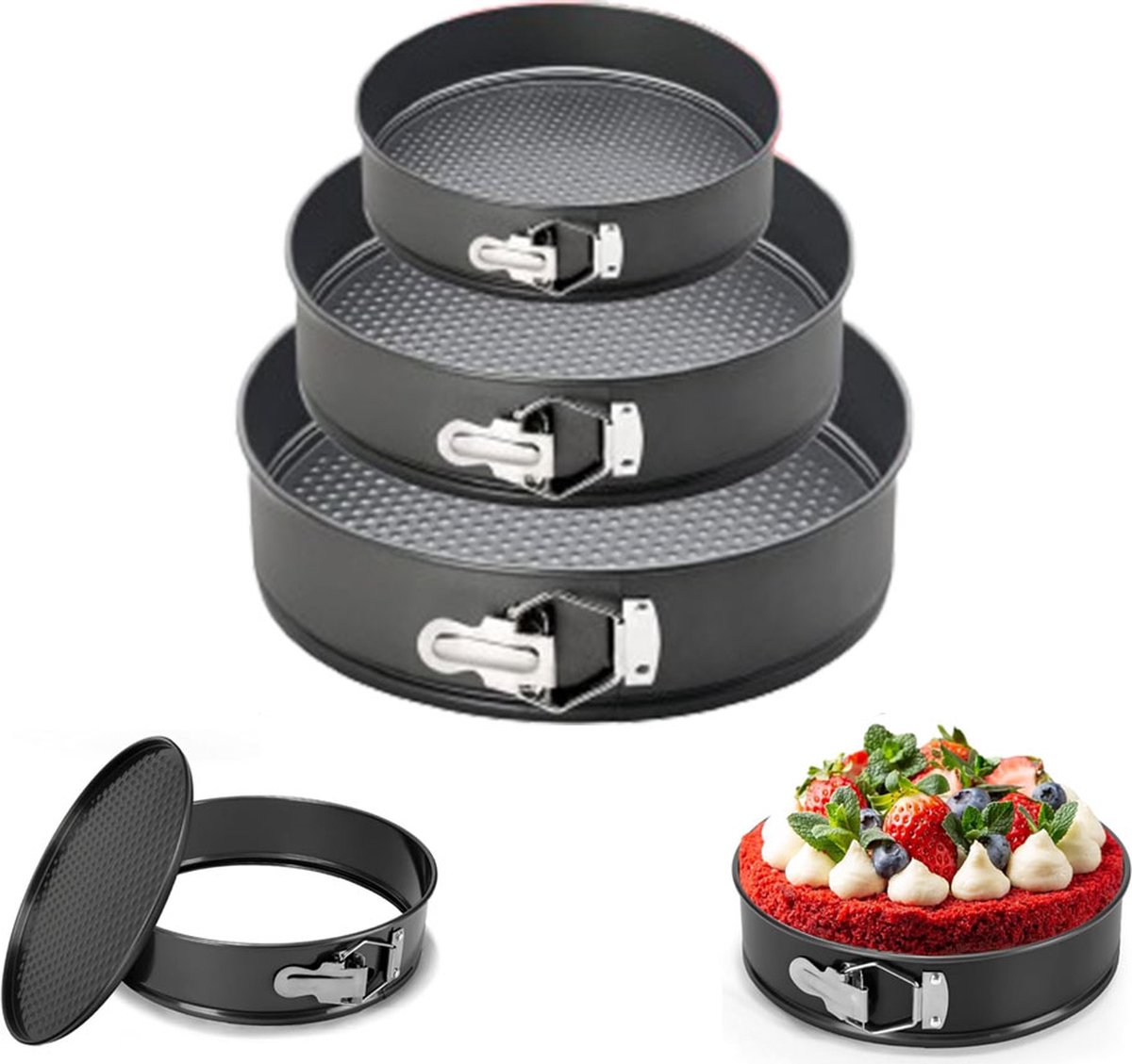 3-Piece Round Springform Set - Round Baking Tin - Cake Pan - Non-Stick Baking Pan - 20, 22 and 24cm - Removable Base - Bakes Evenly - Baking Set - Cake Pan - Dishwasher Safe - Metal - Black - Image 1