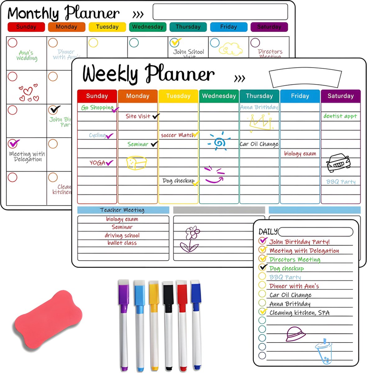 Monthly Planner & Weekly Planner Whiteboard Set - Magnetic Planning Board - Magnetic Monthly Planner - Magnetic Weekly Planner - Magnetic Board Including Day Planner, Markers & Eraser - Memo Board - Planning Board - Family Planner - Family Planner - To Do - Image 1