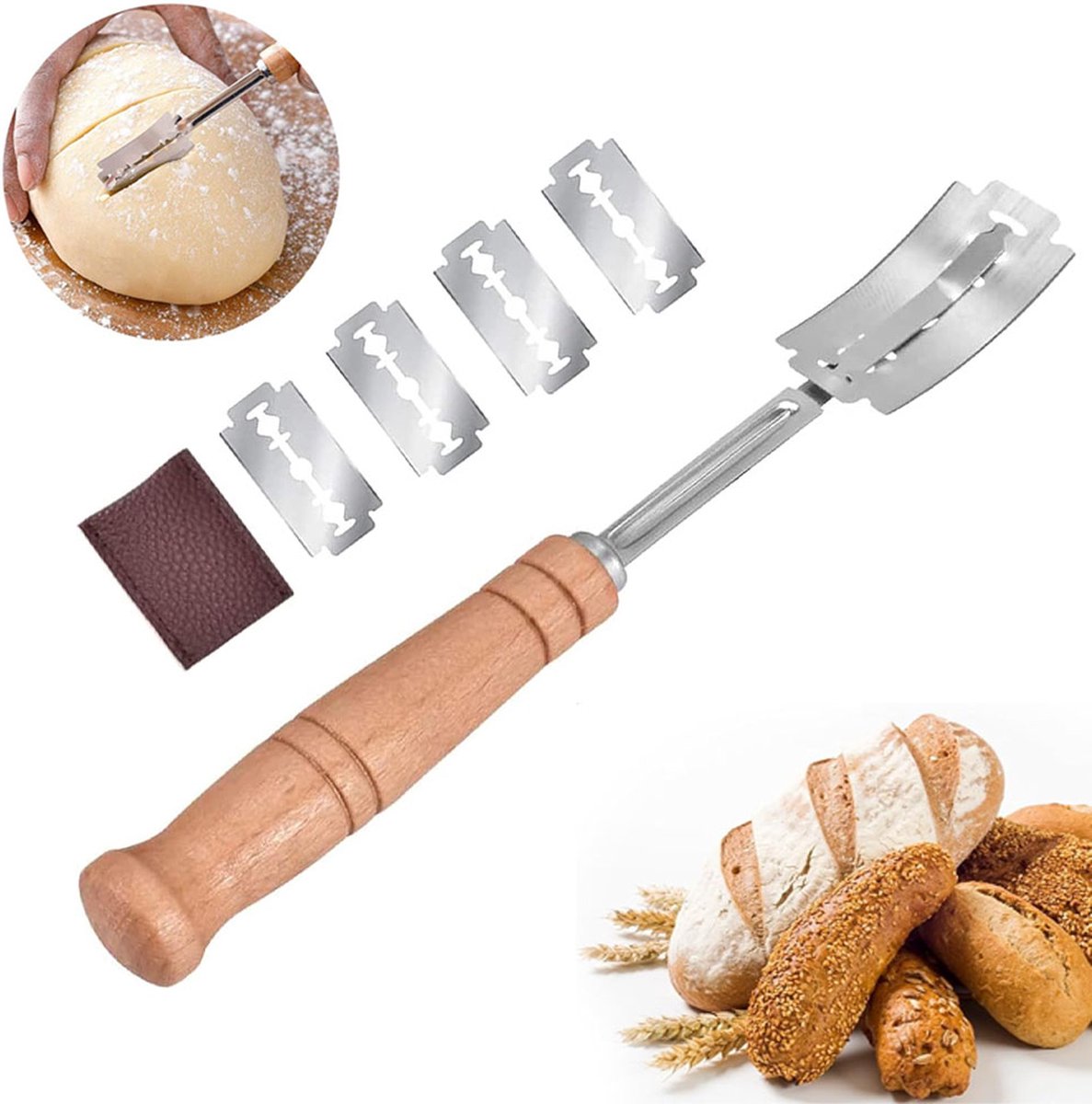 Dough Knife - Blade - Blade Knife - Dough Knife - Baguette Knife - With 5 Blades And Storage Case - Wooden Handle - Bread Knife - Baguette Knife - Baking Enthusiast - Image 1