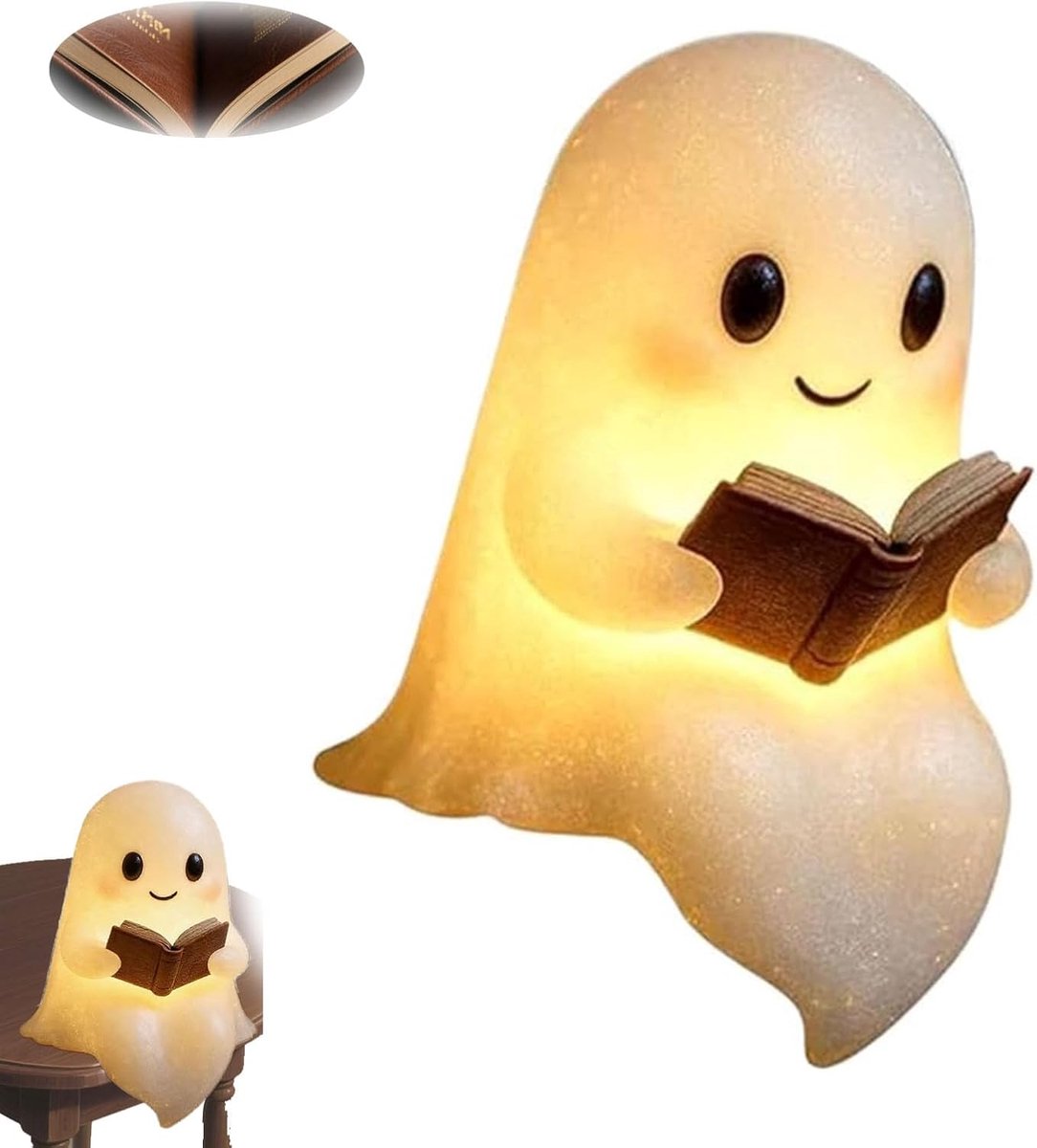 Halloween Cute Ghost Reading Lamp - Halloween Ghost Night Light - Halloween Decoration - Ghost Reading Book Lamp - Ghost Decoration - 3D LED Halloween Cute Ghost Figurine Fireplace Chimney Decoration for Home - 15 cm - Warmly Illuminated - Image 1