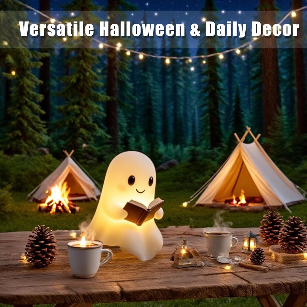 Halloween Cute Ghost Reading Lamp - Halloween Ghost Night Light - Halloween Decoration - Ghost Reading Book Lamp - Ghost Decoration - 3D LED Halloween Cute Ghost Figurine Fireplace Chimney Decoration for Home - 15 cm - Warmly Illuminated - Image 2