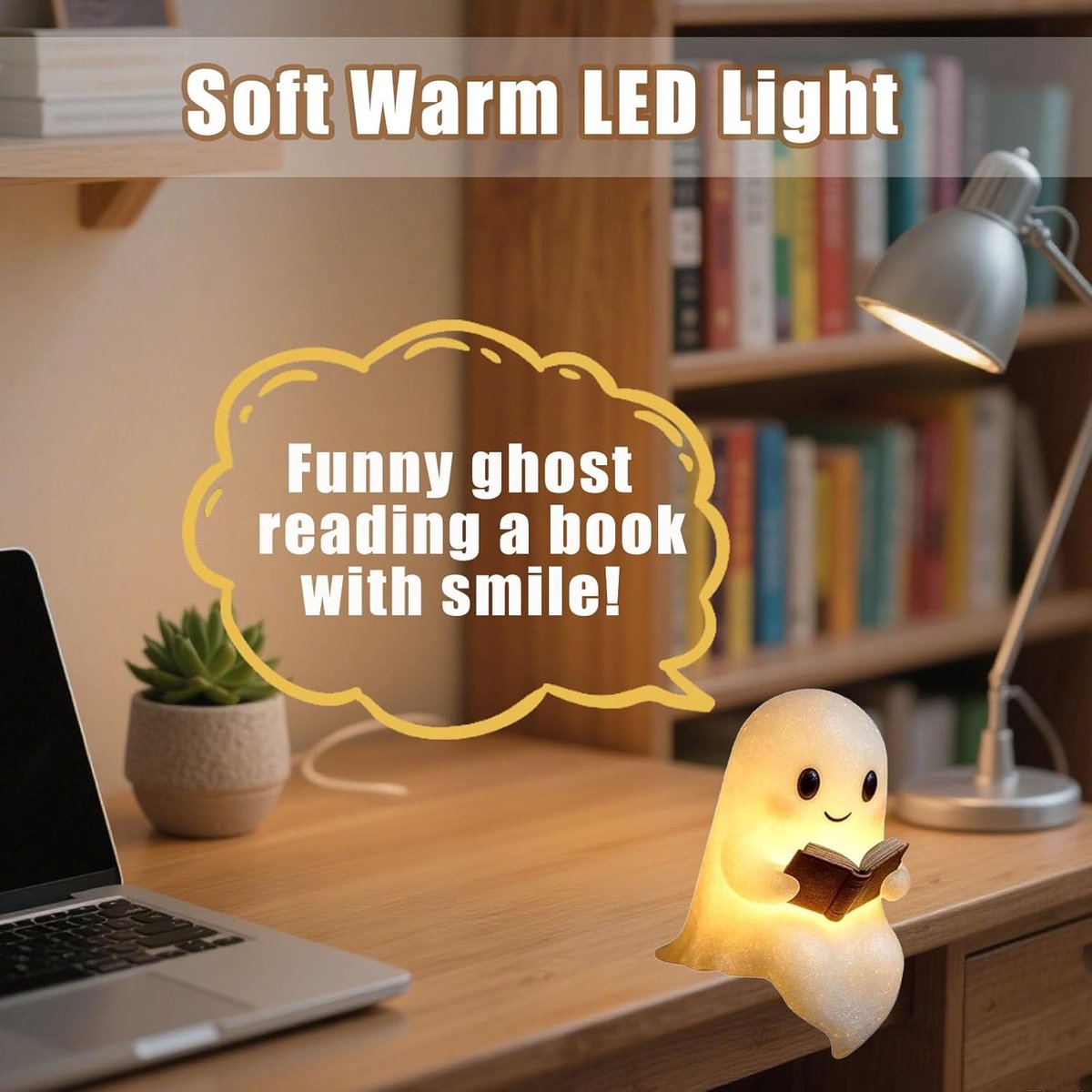 Halloween Cute Ghost Reading Lamp - Halloween Ghost Night Light - Halloween Decoration - Ghost Reading Book Lamp - Ghost Decoration - 3D LED Halloween Cute Ghost Figurine Fireplace Chimney Decoration for Home - 15 cm - Warmly Illuminated - Image 3