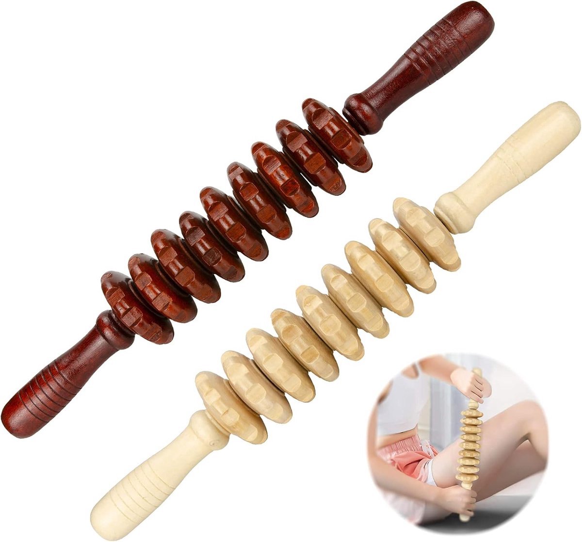 Massage Stick - Massage - Massage Device - 2 Pieces - Relieve Fatigue - Anti-Cellulite Massage Roller Tool - Full Body Massager - Thigh Massager - Natural Wooden Massage Roller - Connective Tissue Massages - Relax - Durable - 9 Wheels - Image 1
