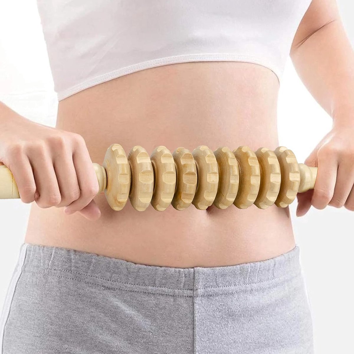 Massage Stick - Massage - Massage Device - 2 Pieces - Relieve Fatigue - Anti-Cellulite Massage Roller Tool - Full Body Massager - Thigh Massager - Natural Wooden Massage Roller - Connective Tissue Massages - Relax - Durable - 9 Wheels - Image 2