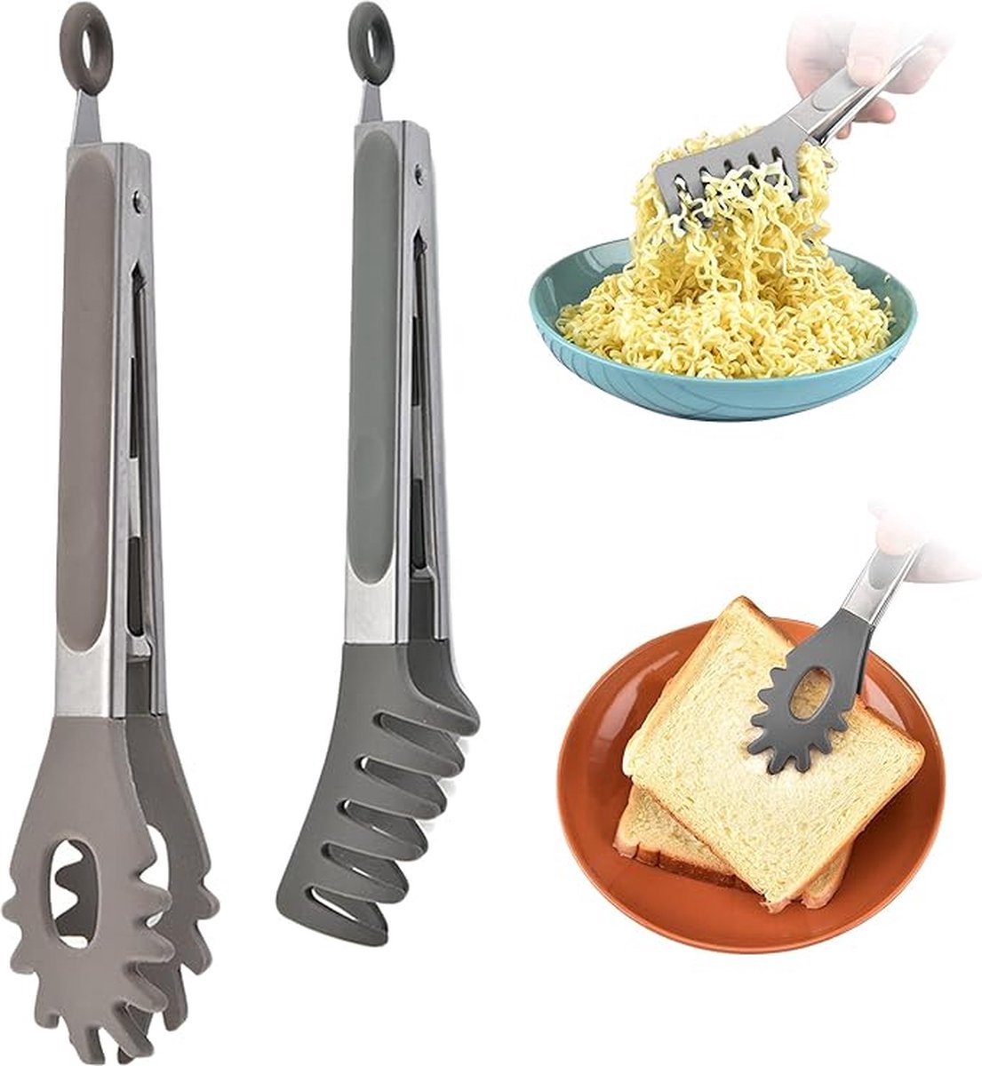 2x Spaghetti Tongs - Kitchen Tongs - Serving Tongs - BBQ Tongs - Stainless Steel and Silicone - Meat Tongs - Heat Resistant - Non-Stick - Barbecue Tongs - Spaghetti Tongs - Salad Tongs - Kitchen Utensils - Barbecue Accessory - 2 Different Shapes - Grey - - Image 1