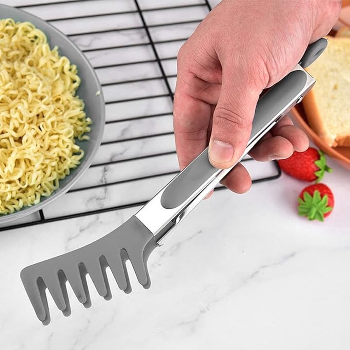 2x Spaghetti Tongs - Kitchen Tongs - Serving Tongs - BBQ Tongs - Stainless Steel and Silicone - Meat Tongs - Heat Resistant - Non-Stick - Barbecue Tongs - Spaghetti Tongs - Salad Tongs - Kitchen Utensils - Barbecue Accessory - 2 Different Shapes - Grey - - Image 4