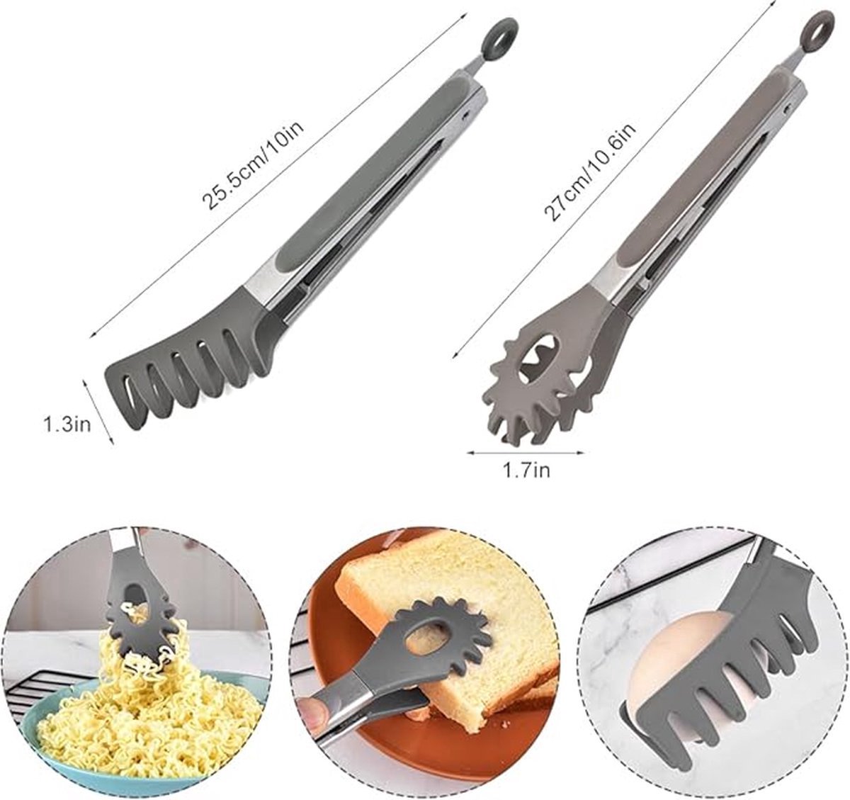 2x Spaghetti Tongs - Kitchen Tongs - Serving Tongs - BBQ Tongs - Stainless Steel and Silicone - Meat Tongs - Heat Resistant - Non-Stick - Barbecue Tongs - Spaghetti Tongs - Salad Tongs - Kitchen Utensils - Barbecue Accessory - 2 Different Shapes - Grey - - Image 5