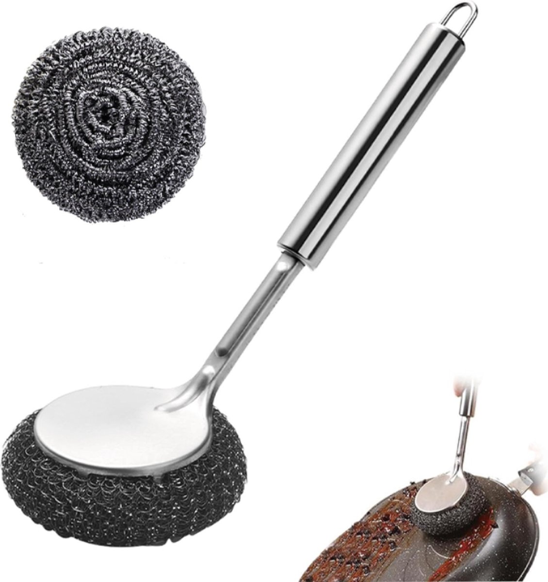 Dish Brush/ Steel Brush - Kitchen Brush - Cleaning Brush - Dishwashing Brush - Kitchen Steel Wool Pot Scrubber - For Dishes, Pots, Stoves, Sink - Detachable Brush - With 1 Replacement Head - Can Be Hung - Image 1