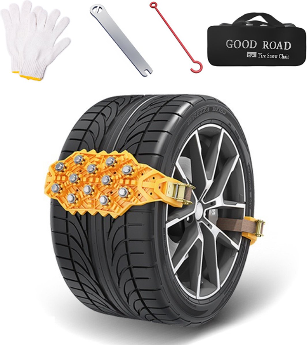 Snow Chains - Safety - Winter Car - Tires - Quick and Easy Installation - For Various Tire Sizes - For Car/SUV Tire Widths With 165 mm-265 mm - Jump Start Anti-Slip Chains - 40x11 cm - Yellow - 1 Piece - Image 1