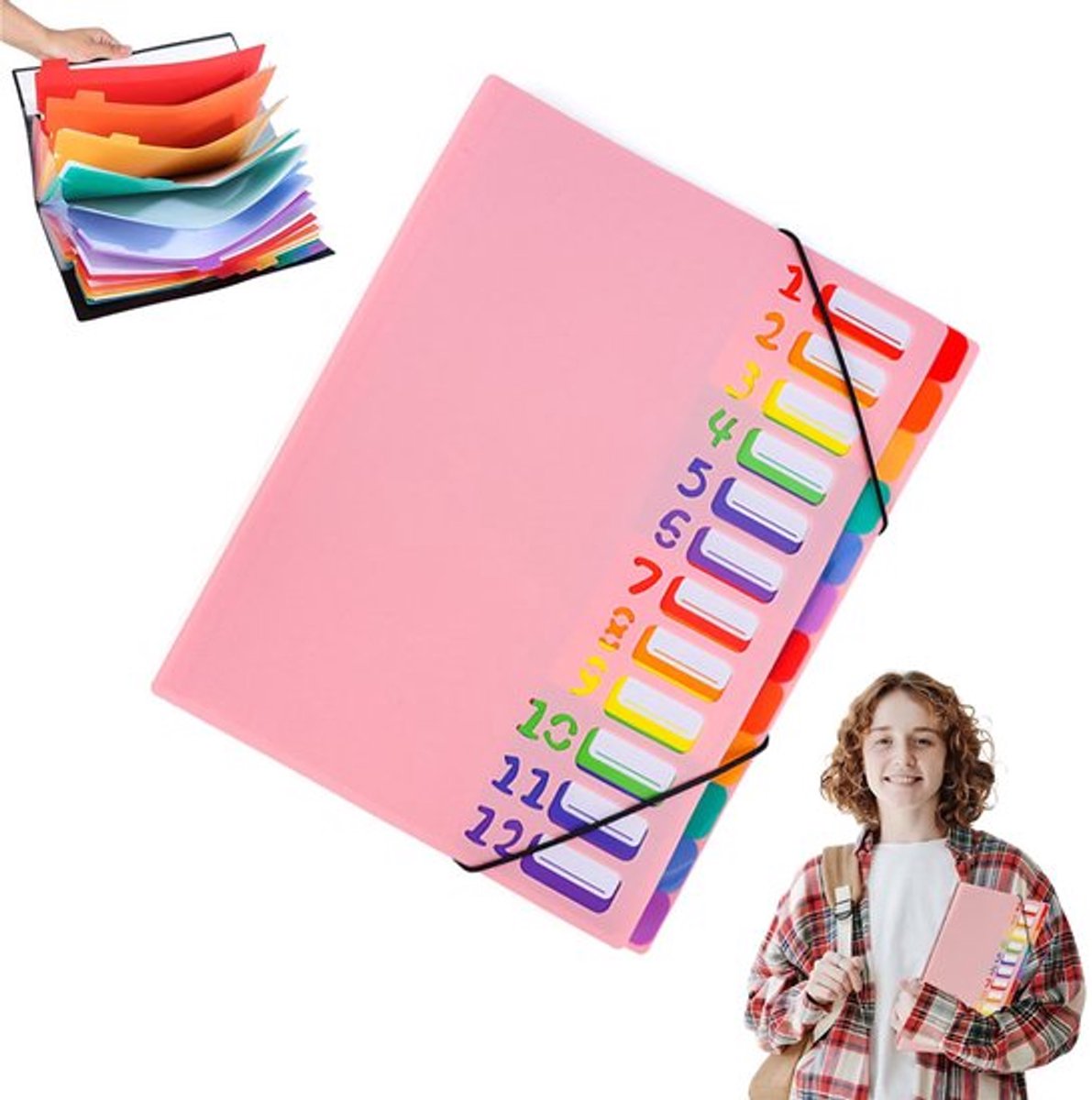 A4 Expandable Project Folder - A4 Sorting Folder - 12 Compartments - File Folder with Tabs - Compartment Folder - Desk Folder - Storage Folder - Document Folder - Work Folder - Clear Classification - Pink - Image 1