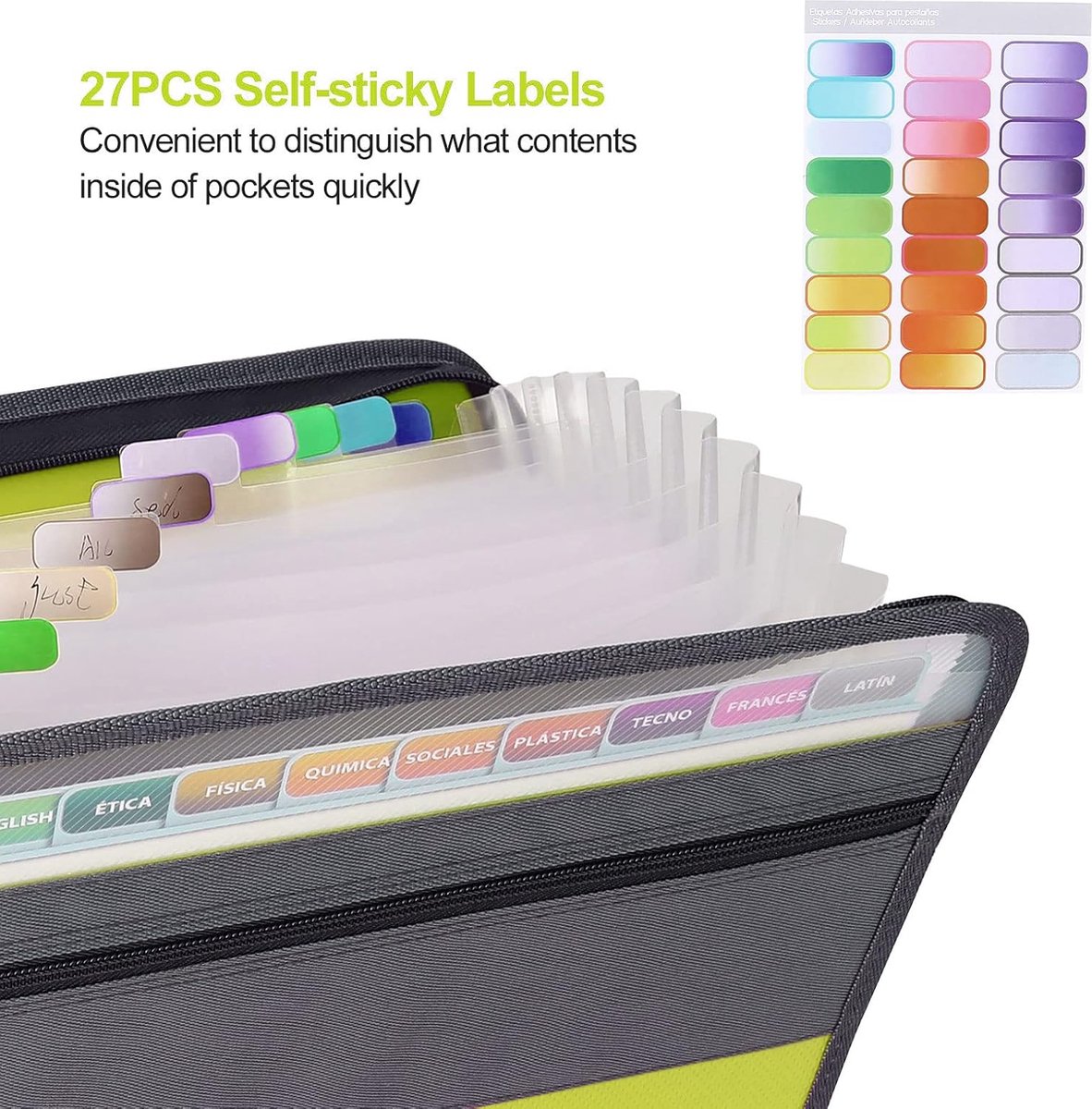 Project Folder - A4 - Foldable File Folder with Tabs - 13 Compartments - Storage Folder/Sorting Folder - Compartment Folder - Durable Plastic Document Folder - Writing Folder with Zipper - Conference Folder - Work Folder - Document Folder - Green - Portab - Image 4