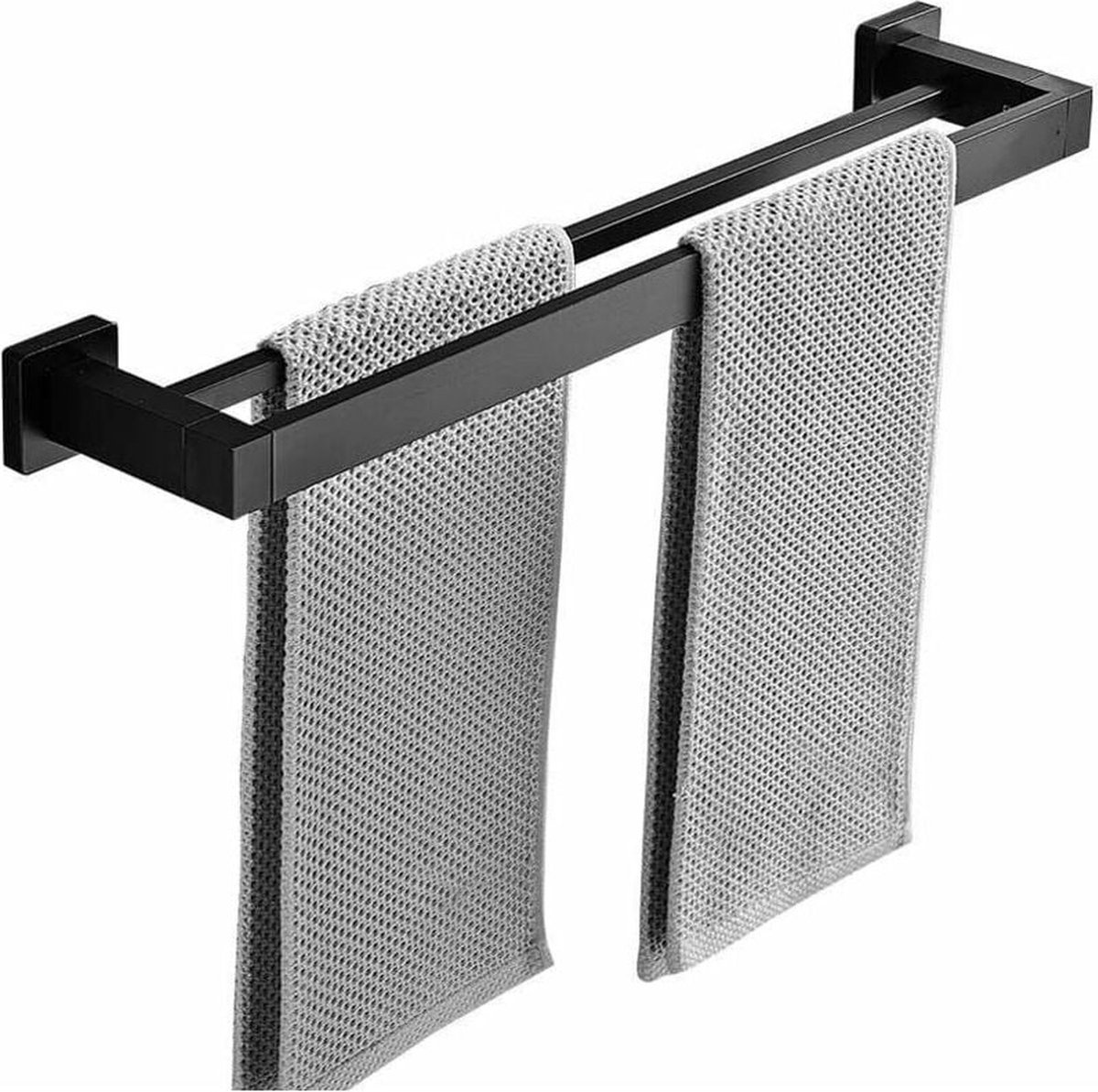 Towel Rack - 40 CM - Towel Bar - Bathroom Towel Rack - Bathroom Shelf - Double Bar - Self-Adhesive or Drill - Shower Rack - Towel Bar - Towel Holder - Aluminum - Black - Bathroom Accessories - Durable & Sturdy - Image 1