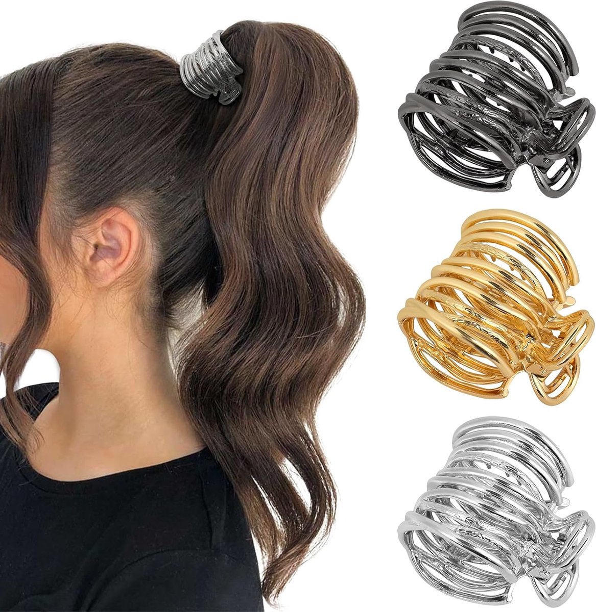 Hair Clips - 3 Pieces - Non-Slip Clips - Hair Clamp - Hairpin - Hairpins - Anti-Slip Clips - Girls' Hair Accessories - High Ponytail Clips - Decorative Hair Accessories for Ladies - For Women and Girls - Gold/Silver/Black - Image 1